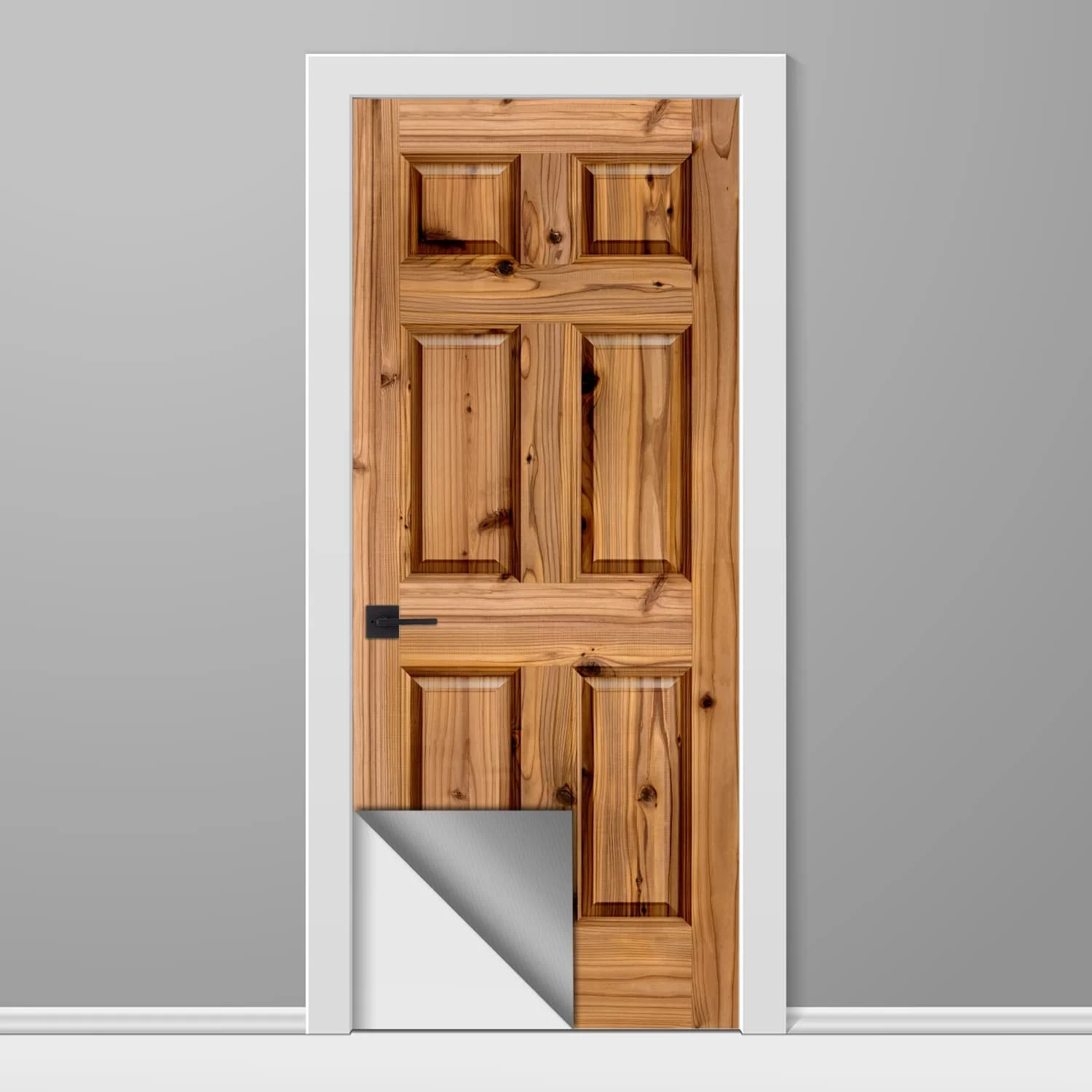 thumbnail for one of our knotty alder door wraps. The image features a mock peeled-up corner, giving a visual indication that the graphic is a peel and stick vinyl door wrap, not a real wooden door