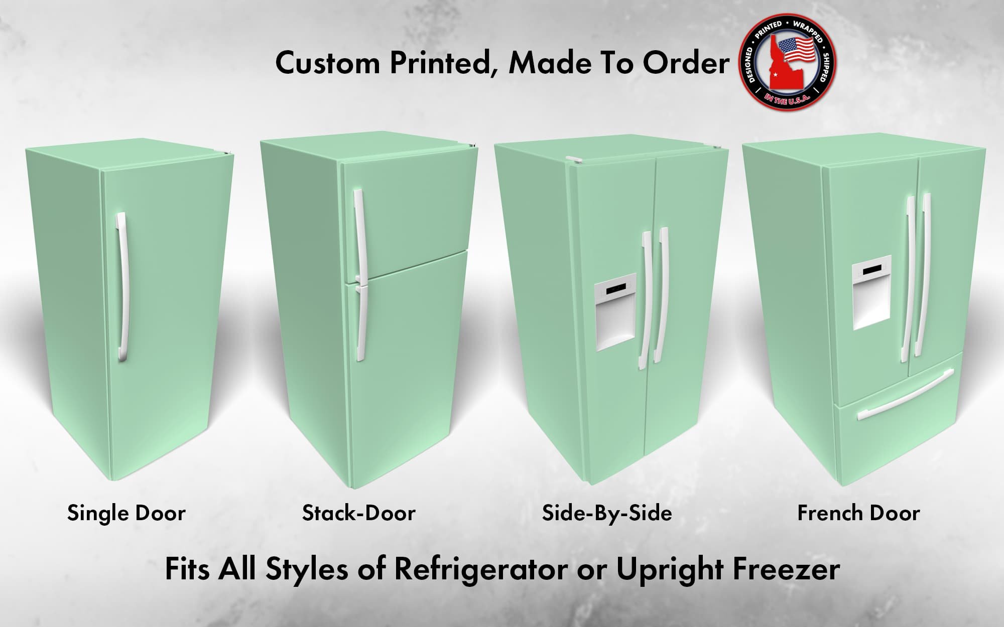 Several 3D models of different refrigerator styles shown in Retro Mint SW 9036 custom vinyl wrap color.