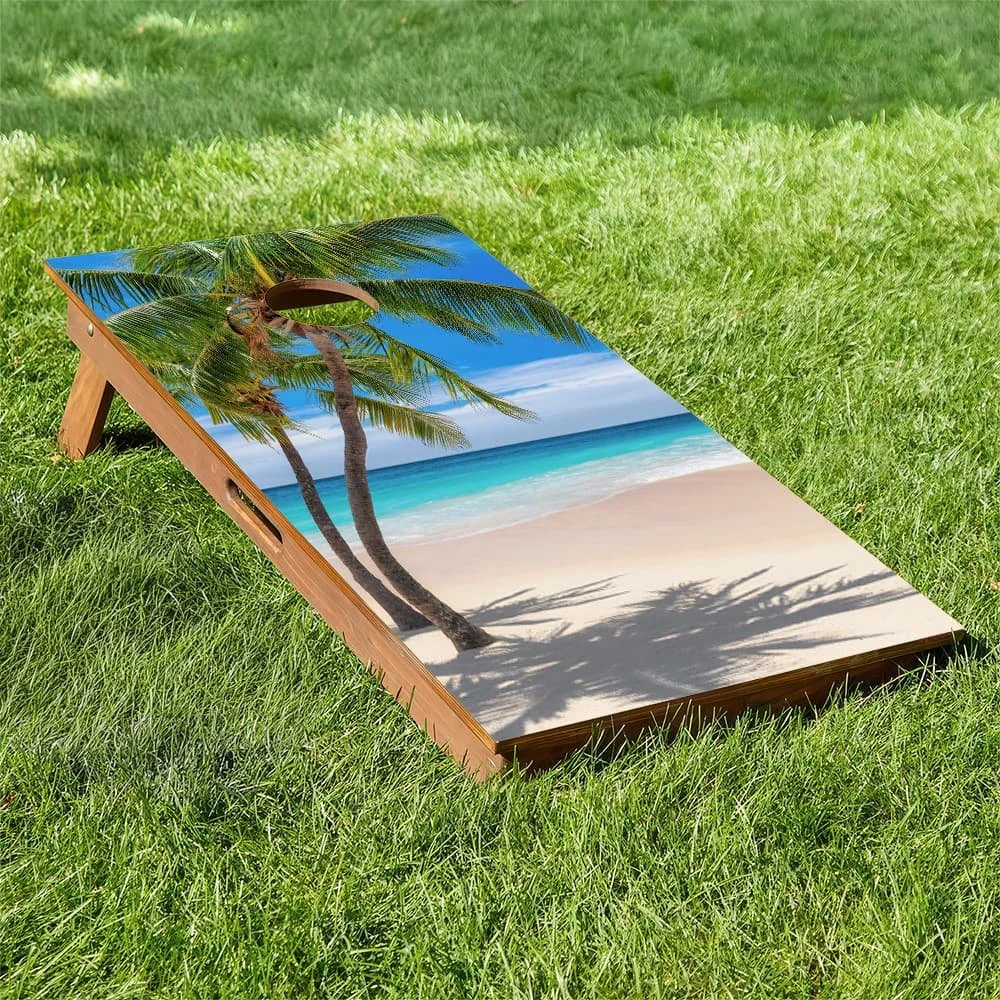 palm tree sandy beach Cornhole board