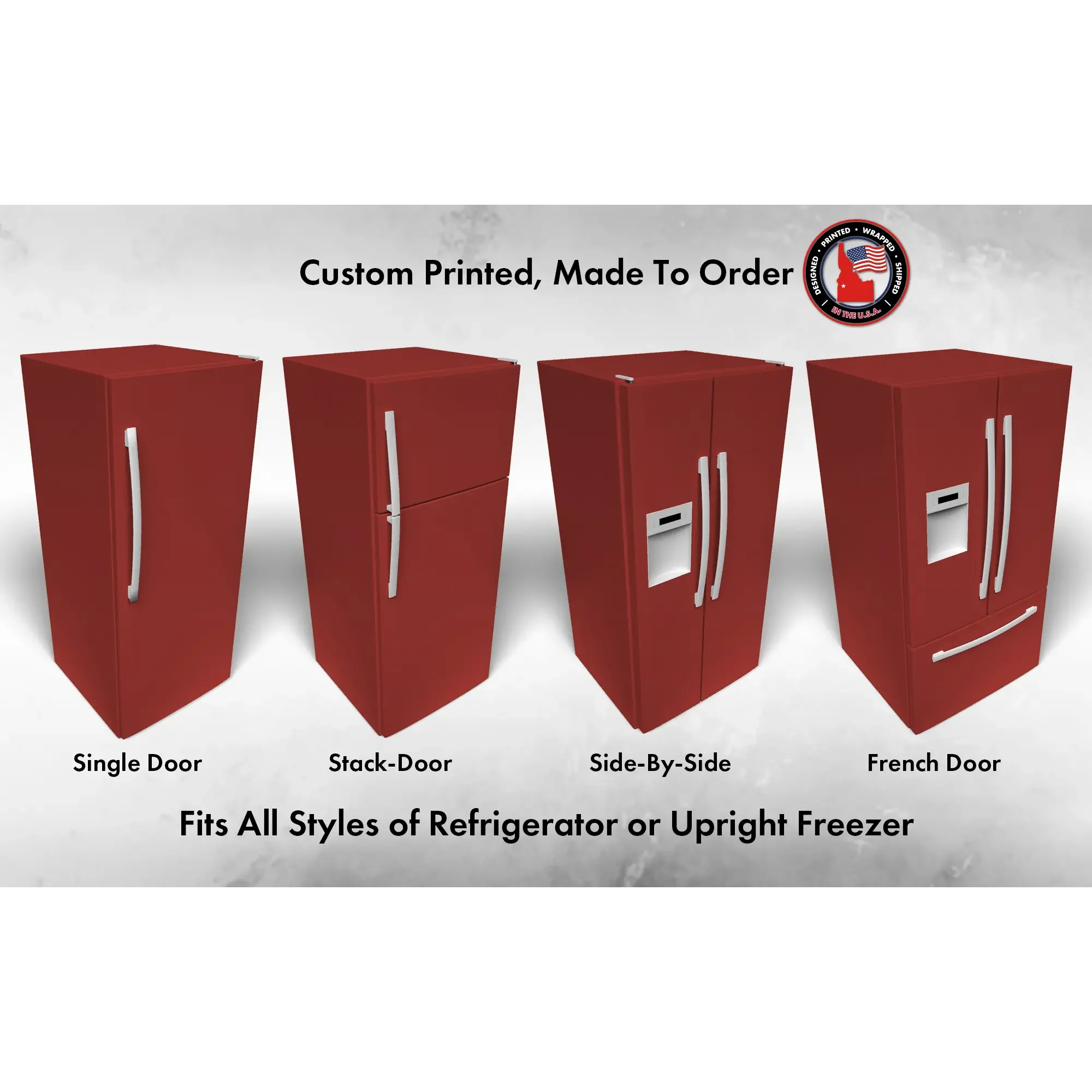 Several 3D models of different refrigerator styles shown in Antique Red SW 7587 custom vinyl wrap color.