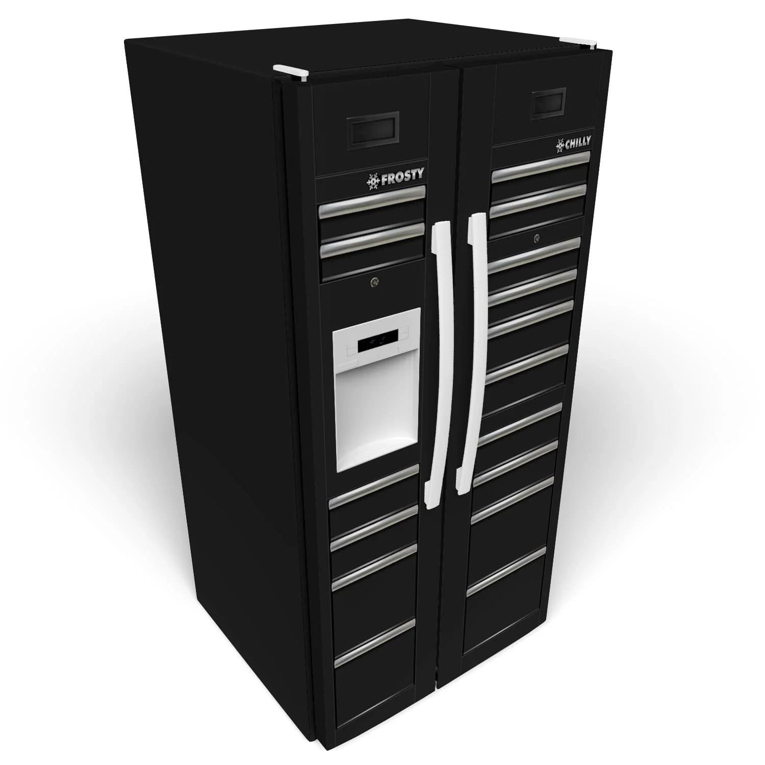 black tool chest custom-printed vinyl wrap on a side-by-side door refrigerator