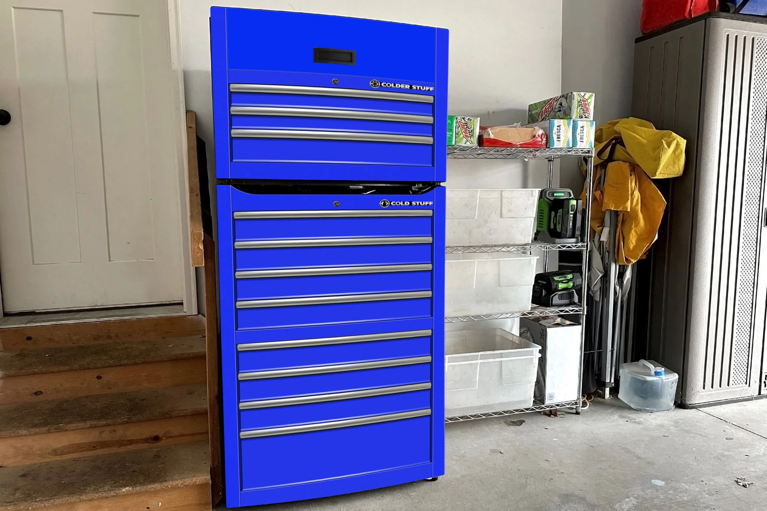 our blue toolbox custom-printed graphic vinyl wrap on a stack-door refrigerator in a typical garage