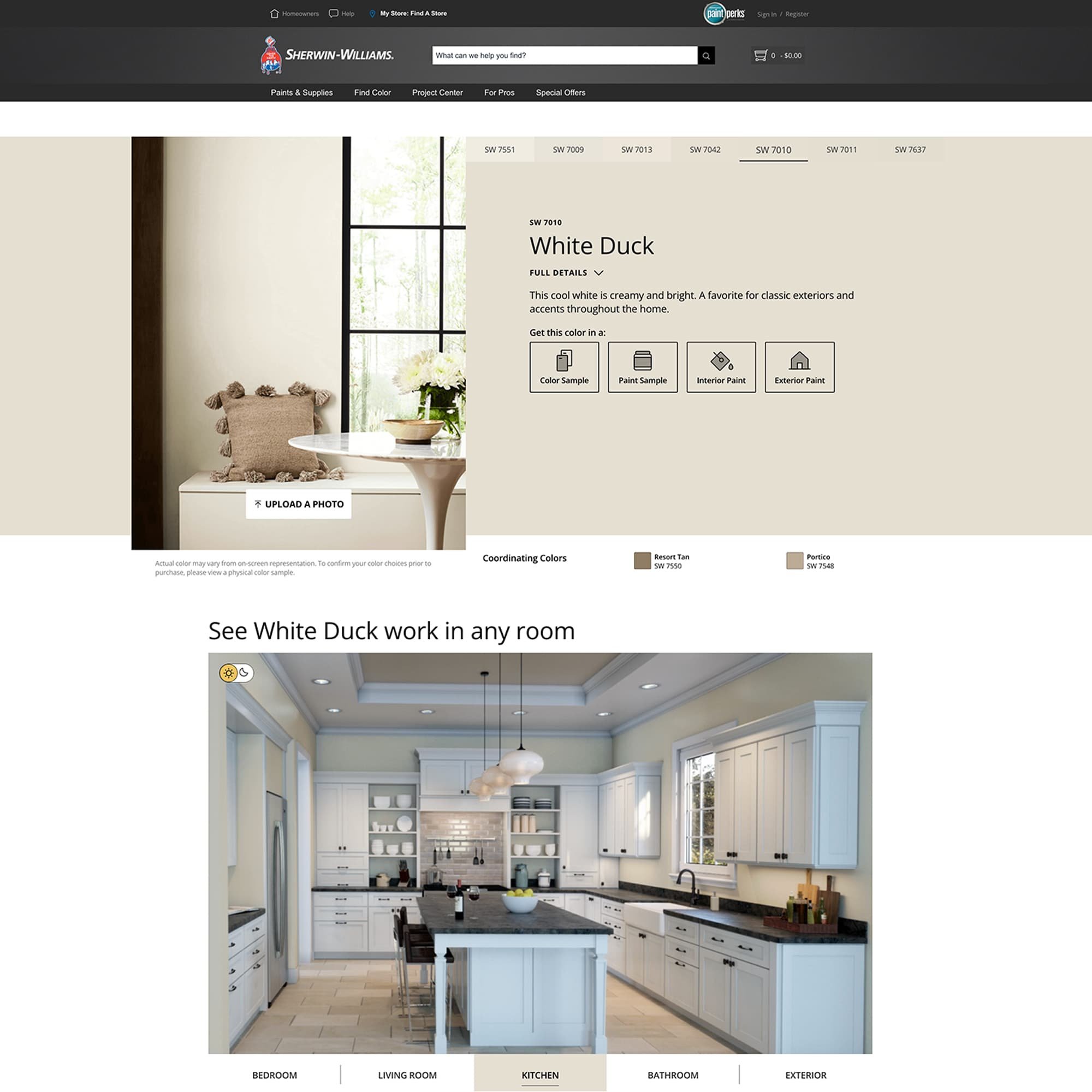 screenshot of this paint color on Sherwin Williams website. Color shown is White Duck SW 7010