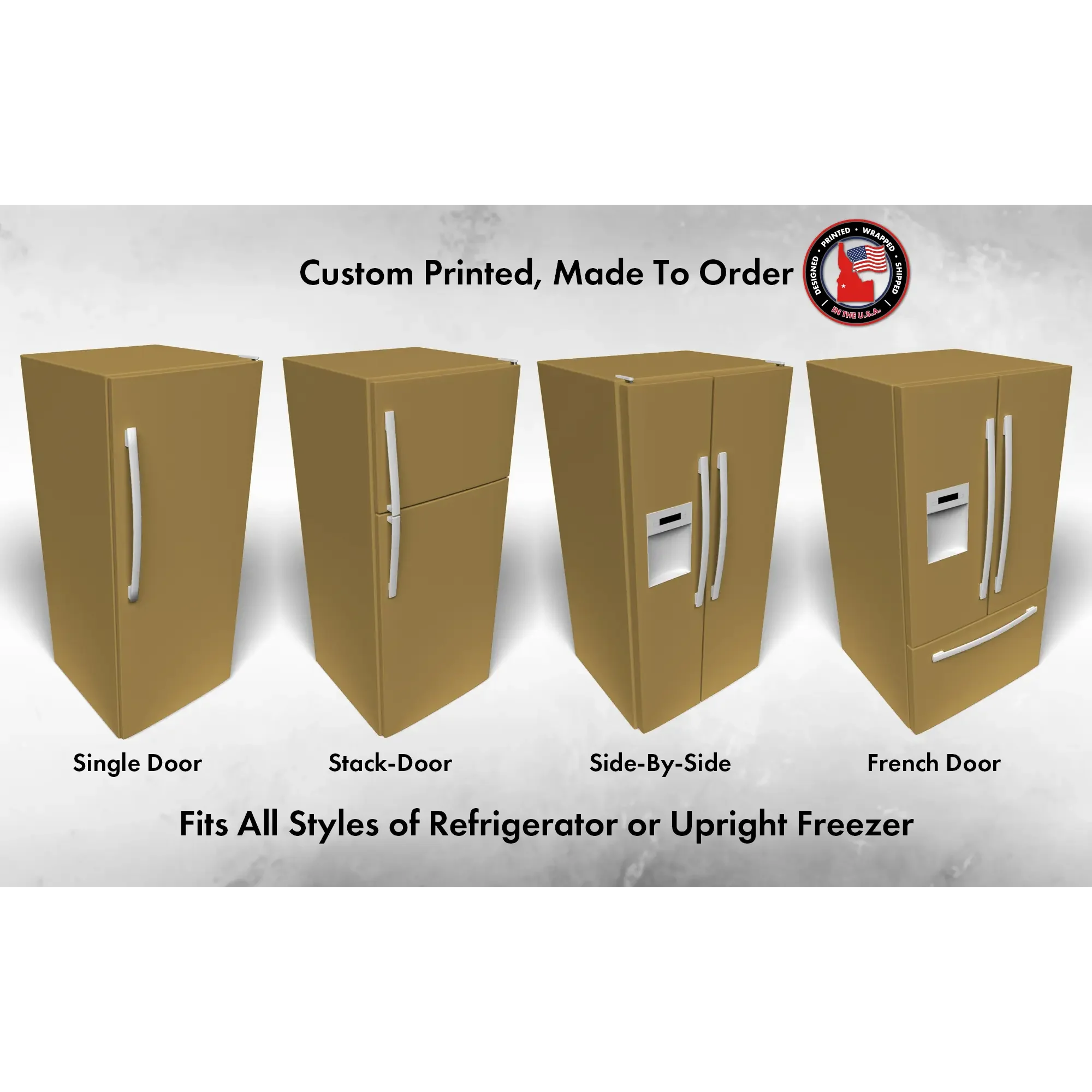 Several 3D models of different refrigerator styles shown in Grandiose SW 6404 custom vinyl wrap color.