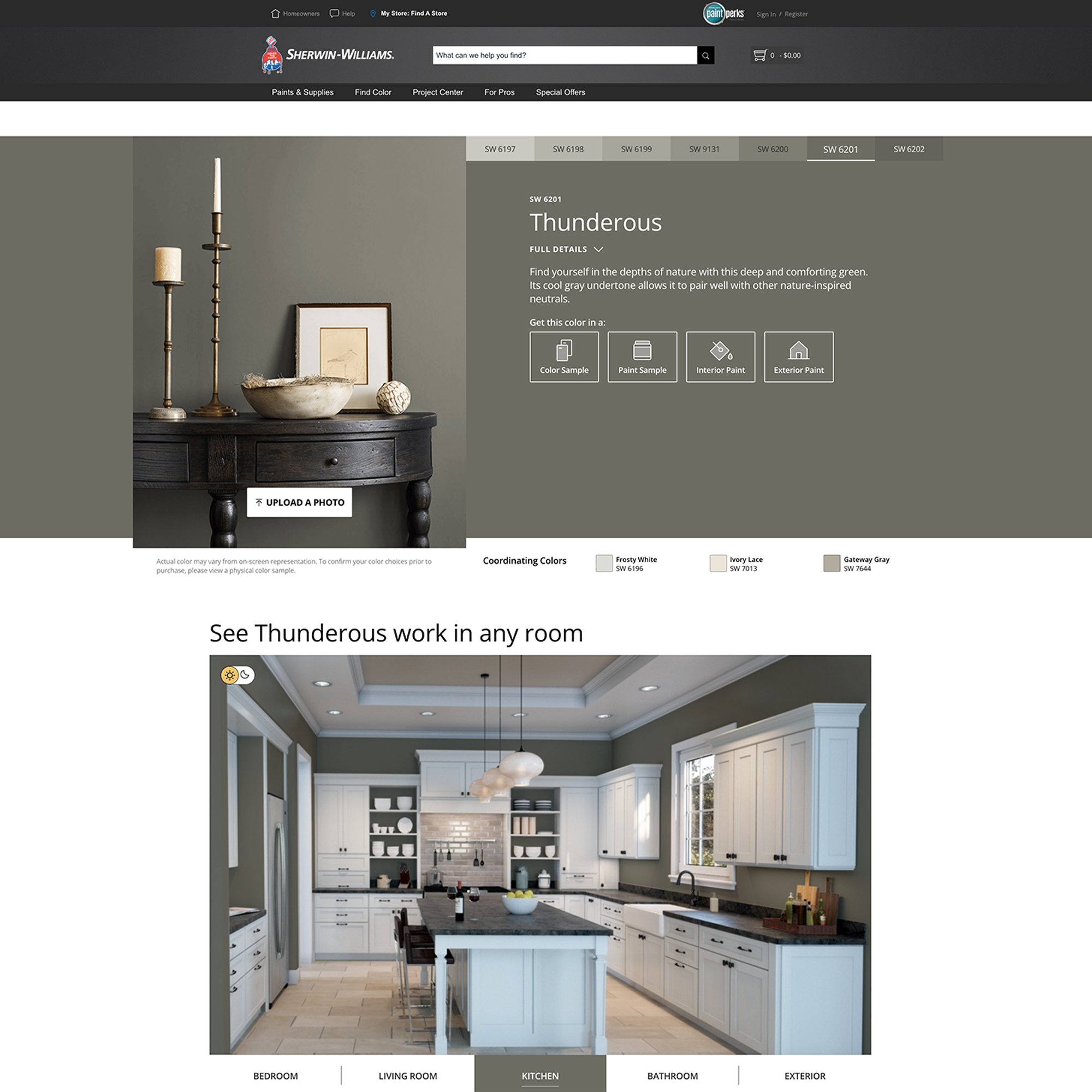 screenshot of this paint color on Sherwin Williams website. Color shown is Thunderous SW 6201