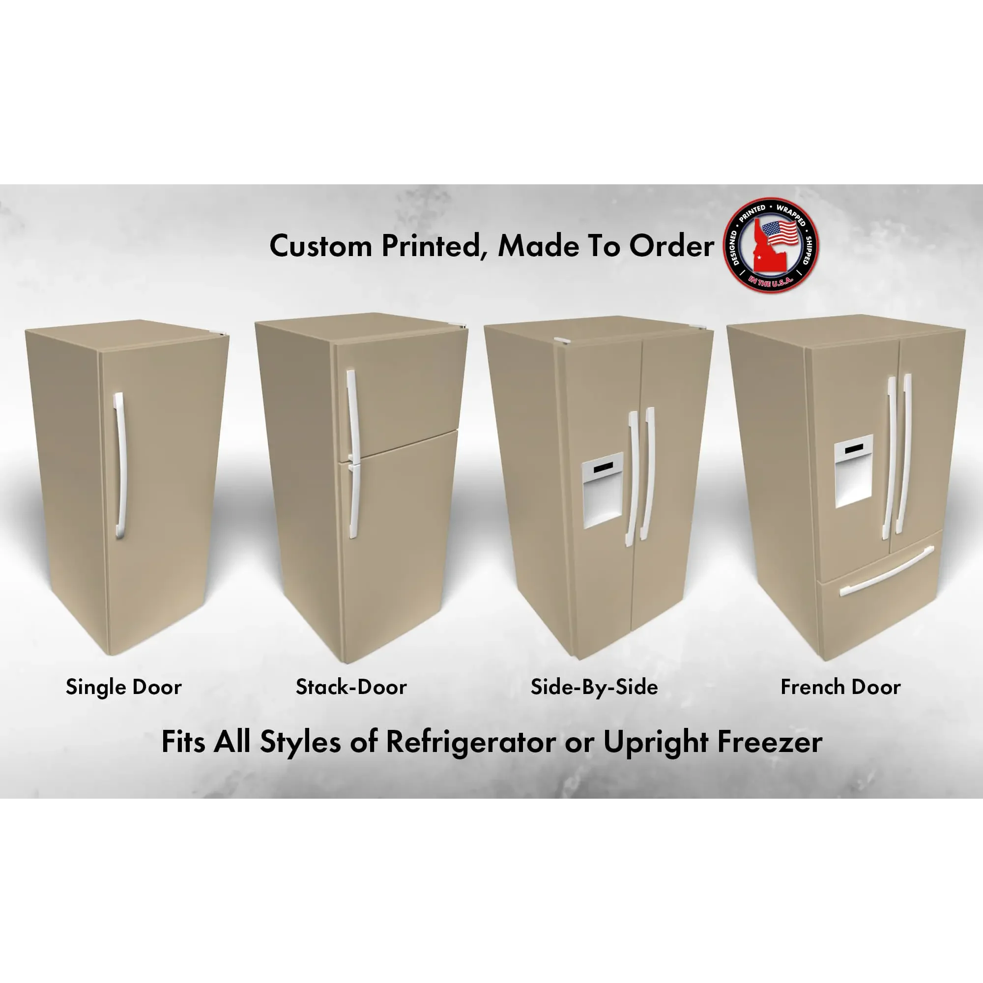 Several 3D models of different refrigerator styles shown in Universal Khaki SW 6150 custom vinyl wrap color.