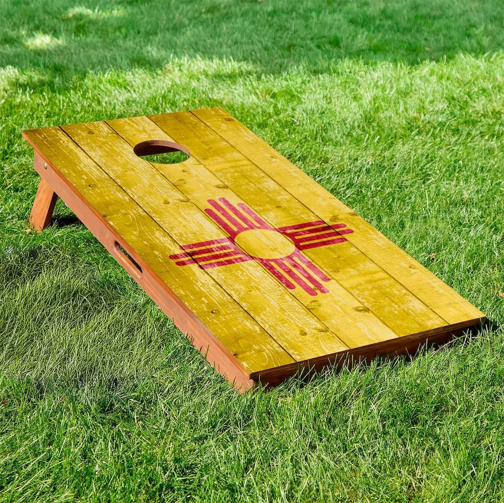rustic wood New Mexico state flag cornhole board - Centered orientation