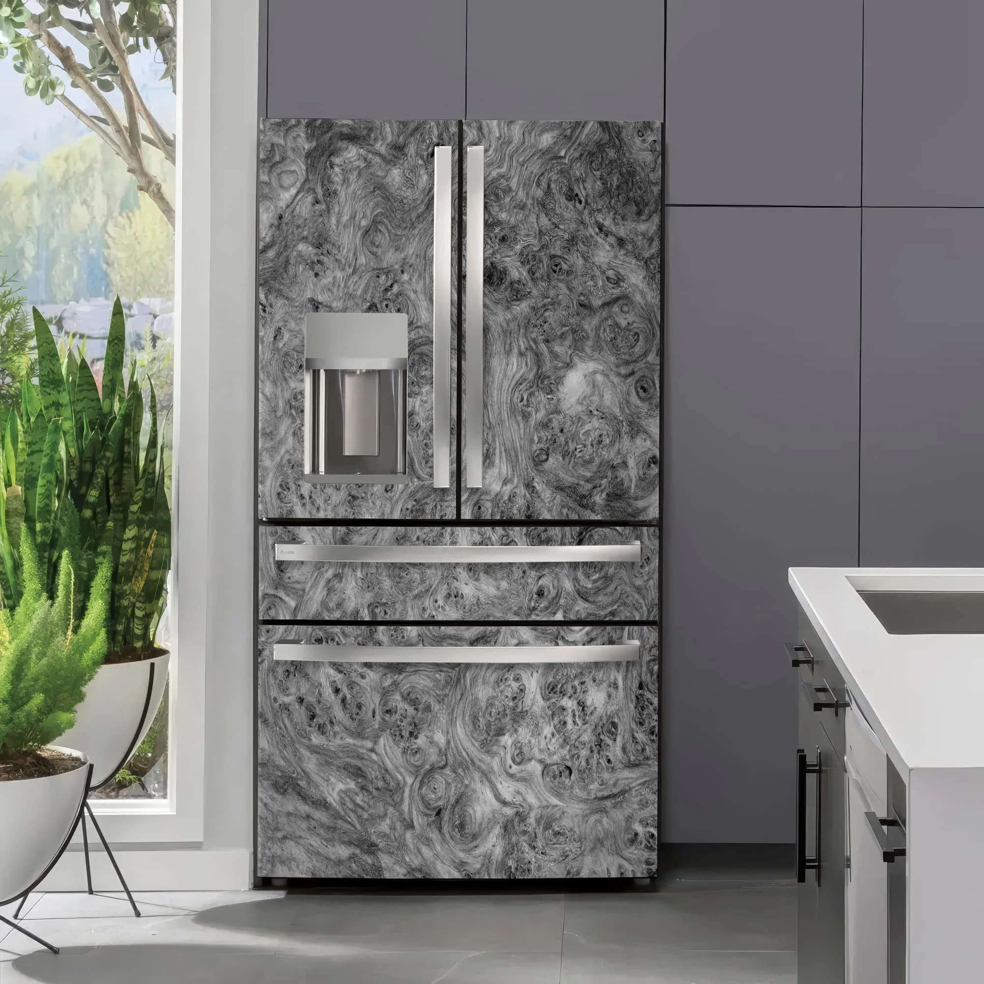French door refrigerator shown with a custom-printed gray amboyna burl wood grain vinyl wrap.