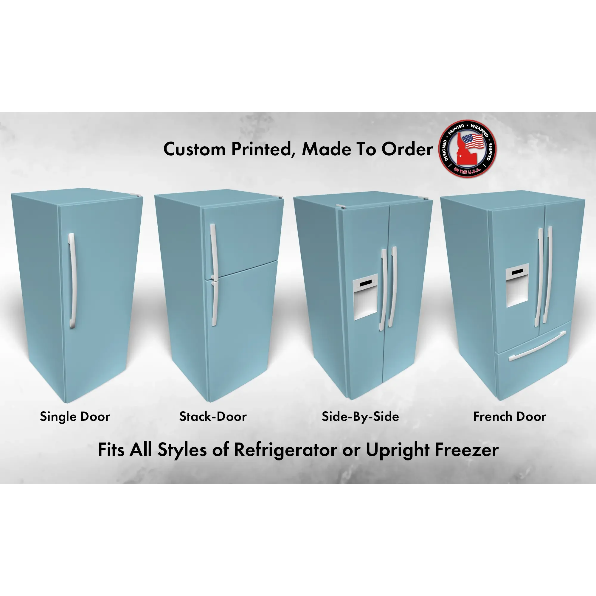 Several 3D models of different refrigerator styles shown in Bluebell SW 6793 custom vinyl wrap color.