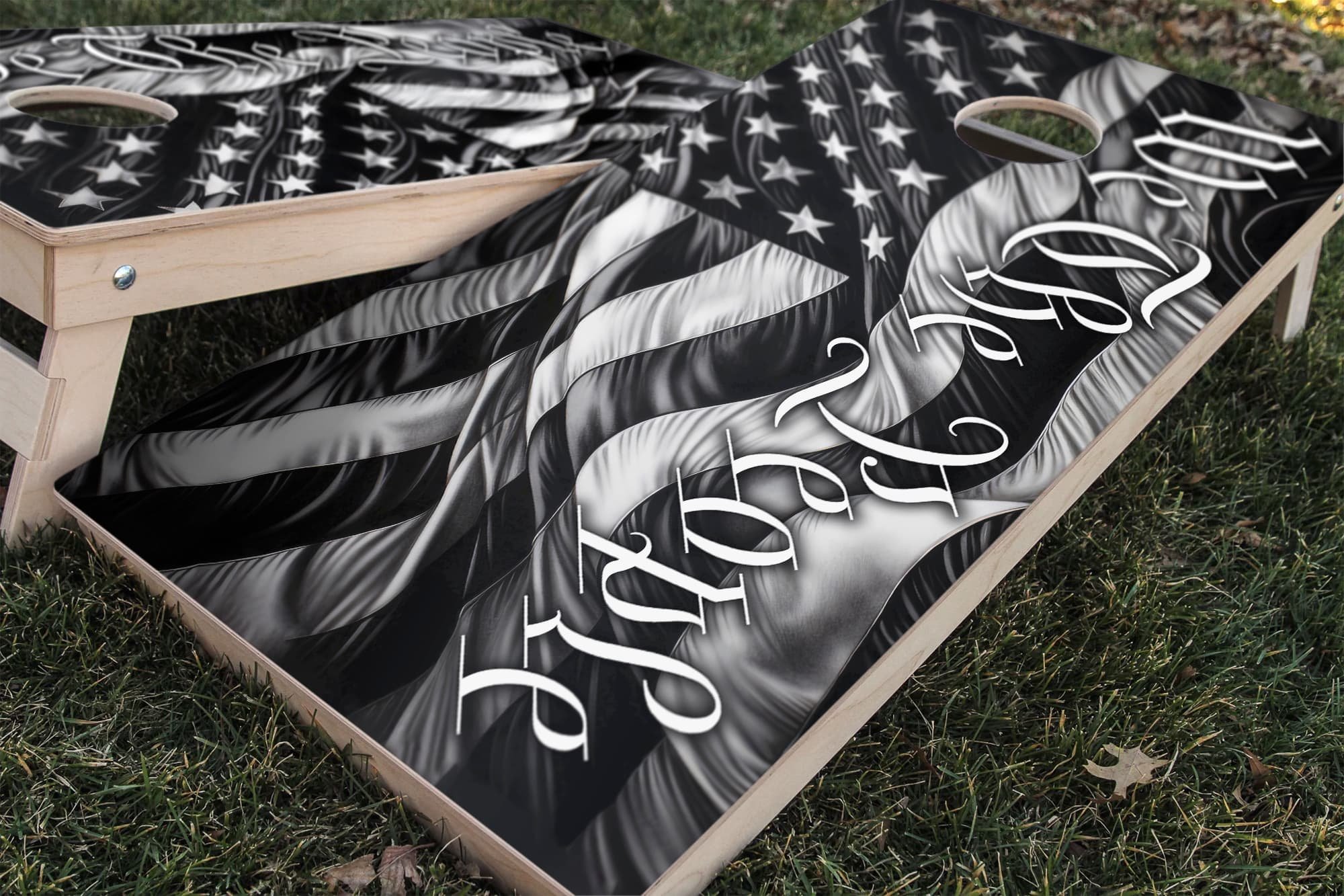 black and white USA flag "we the people" cornhole board wrap sticker decal set