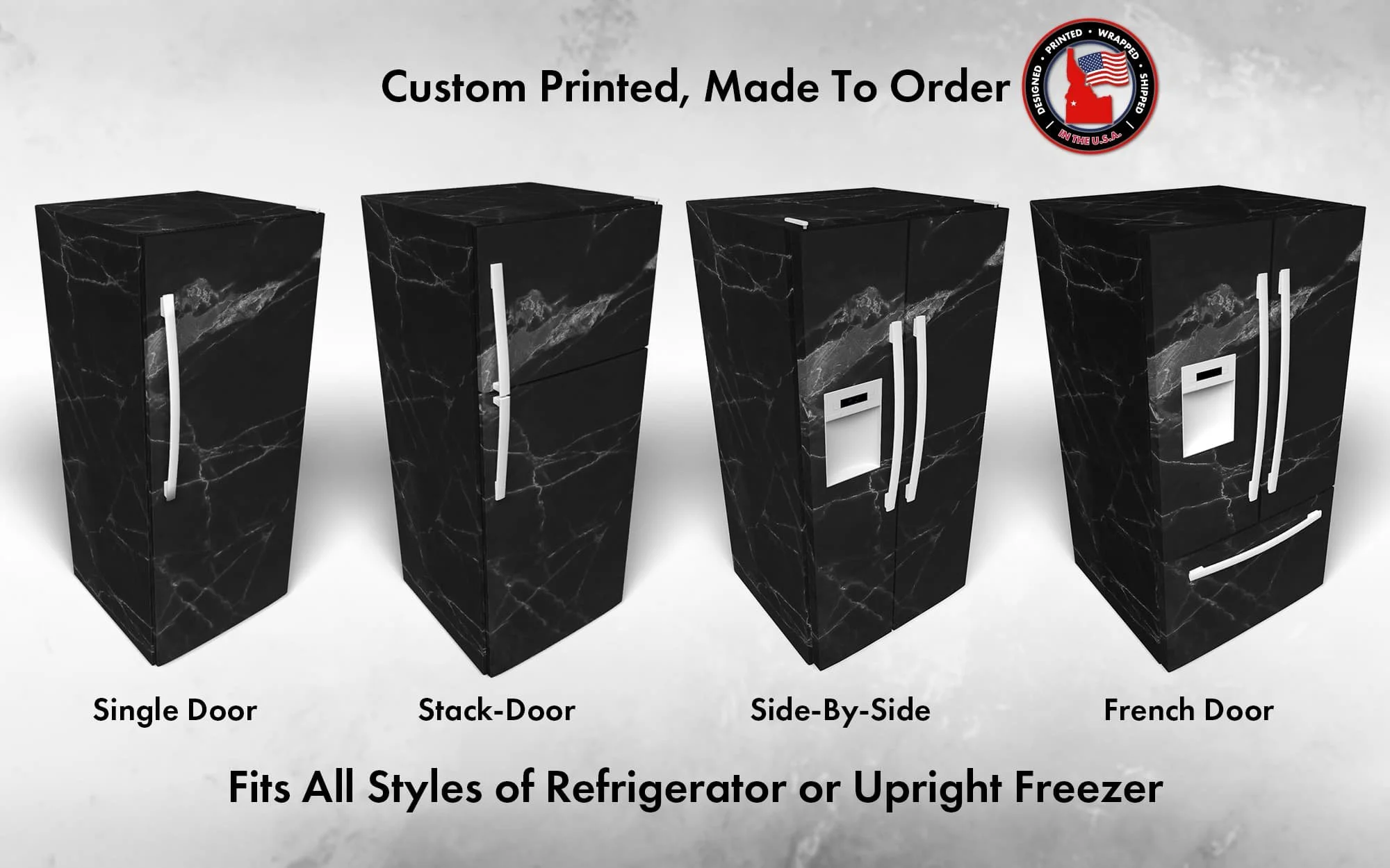 mockup of 4 different refrigerator styles all wrapped in our black Carrara marble graphic, showcasing how our wraps can fit almost any style of refrigerator.