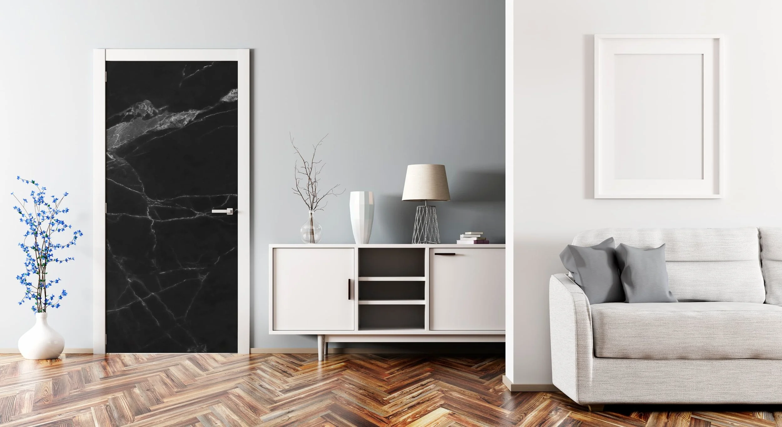 Mockup of a custom printed vinyl door wrap on a door in a contemporary living room. The graphic is a high resolution black carrara marble texture.