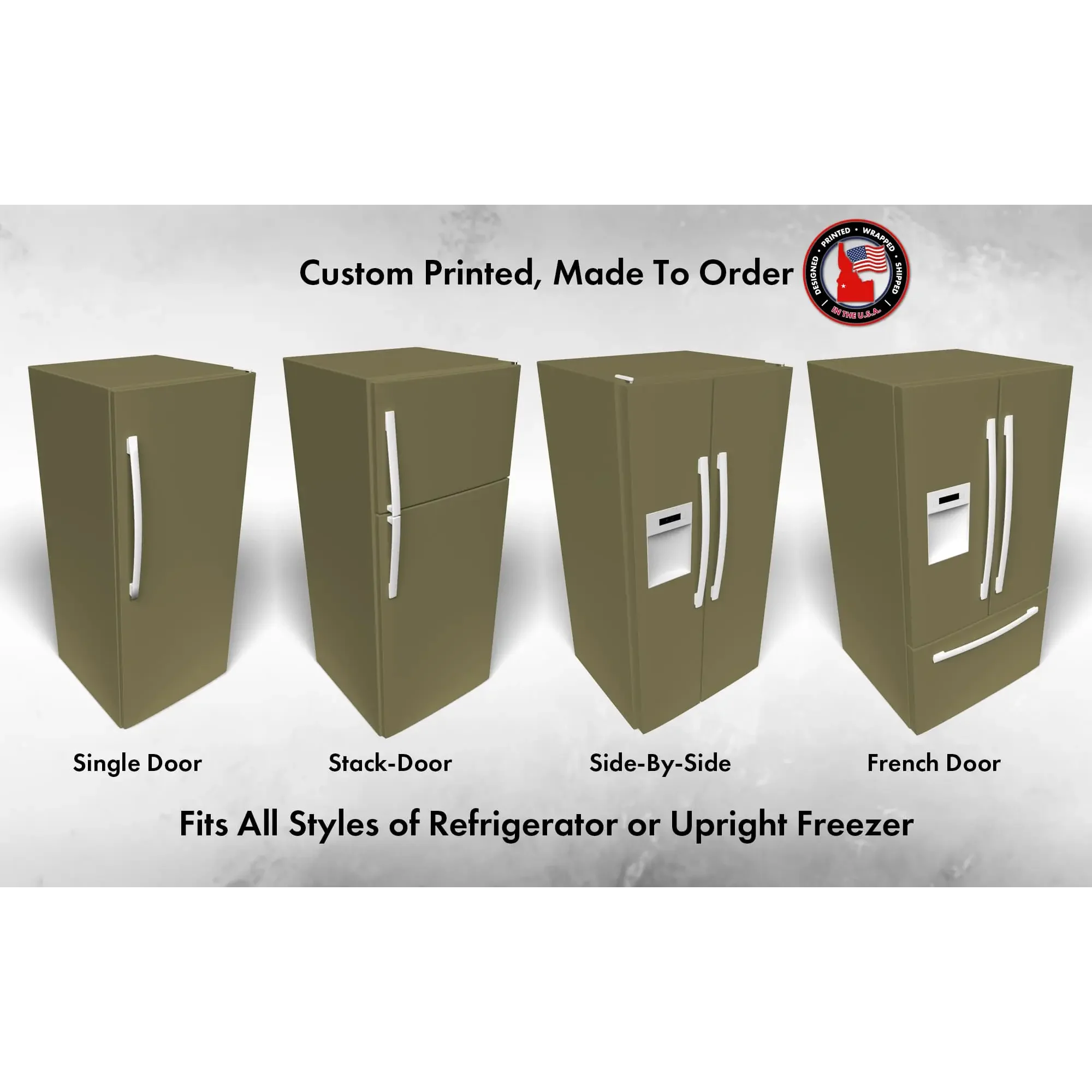 Several 3D models of different refrigerator styles shown in Benjamin Moore Greenbrook 517 custom vinyl wrap color