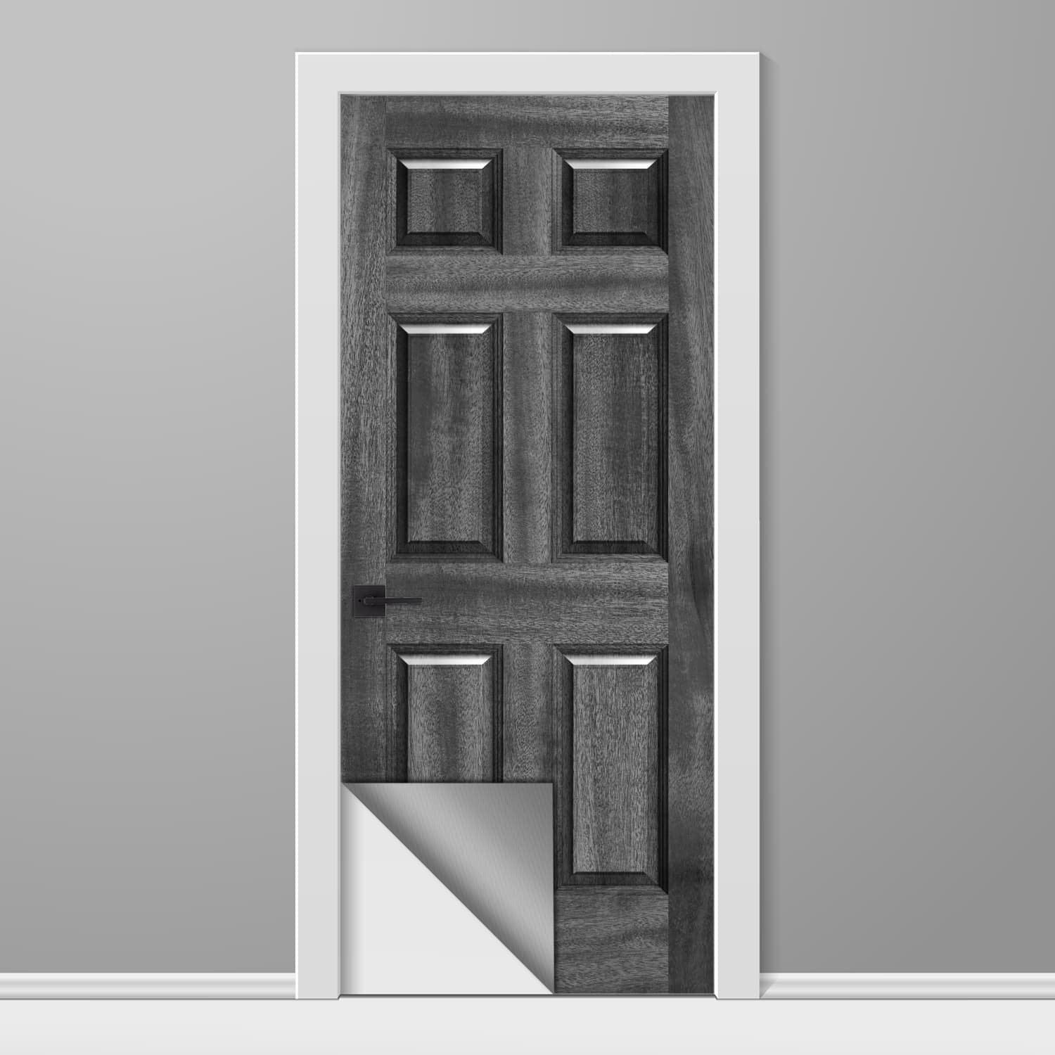 thumbnail for our elm wood door wrap in Black & White finish. The image shows a peeled-up corner, indicating that the graphic is a peel and stick vinyl door wrap, not a real wooden door