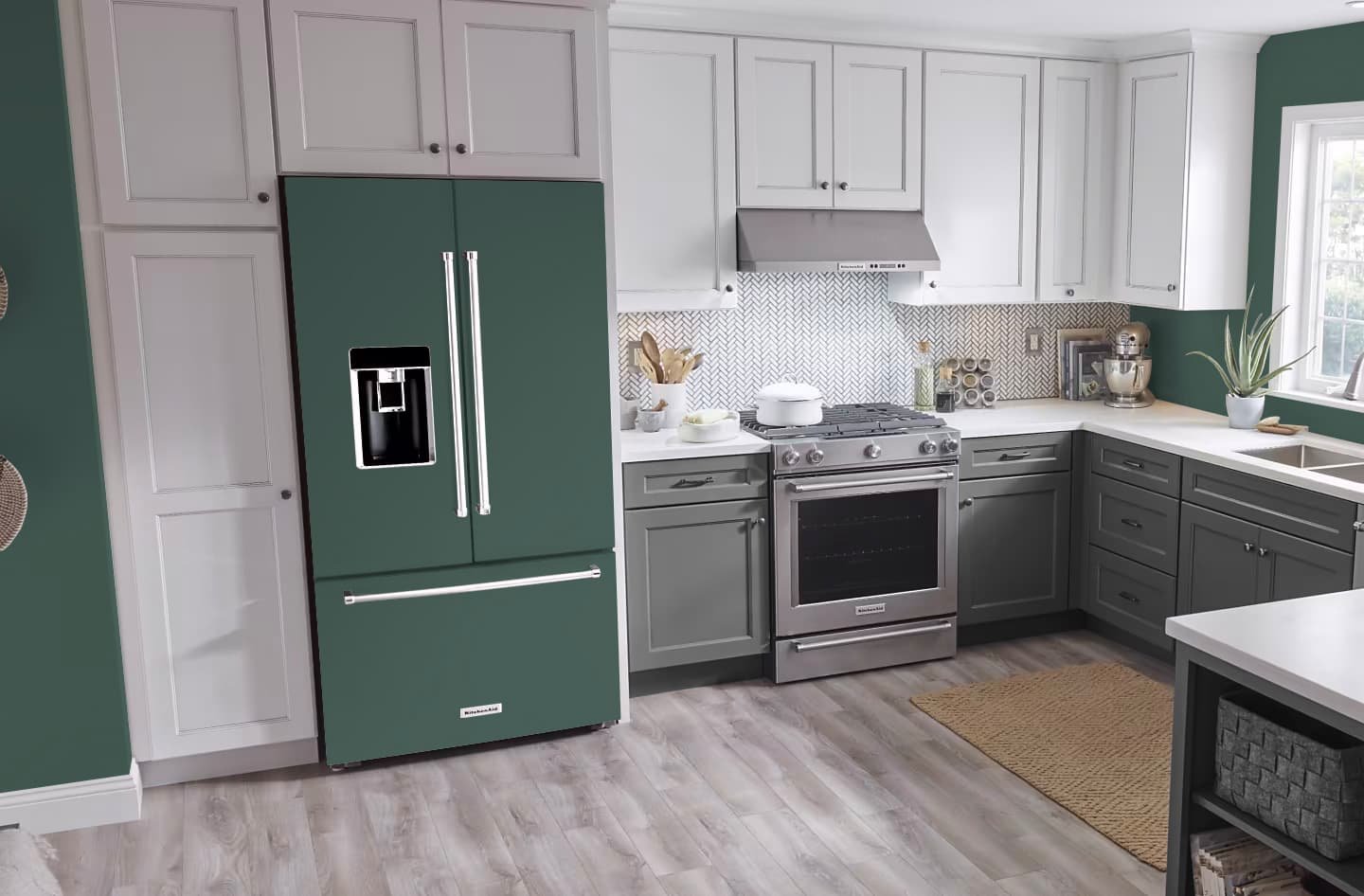 Mockup of our custom printed refrigerator vinyl wrap that matches Behr Equilibrium T18-20 on a french door refrigerator in a modern neutral color kitchen