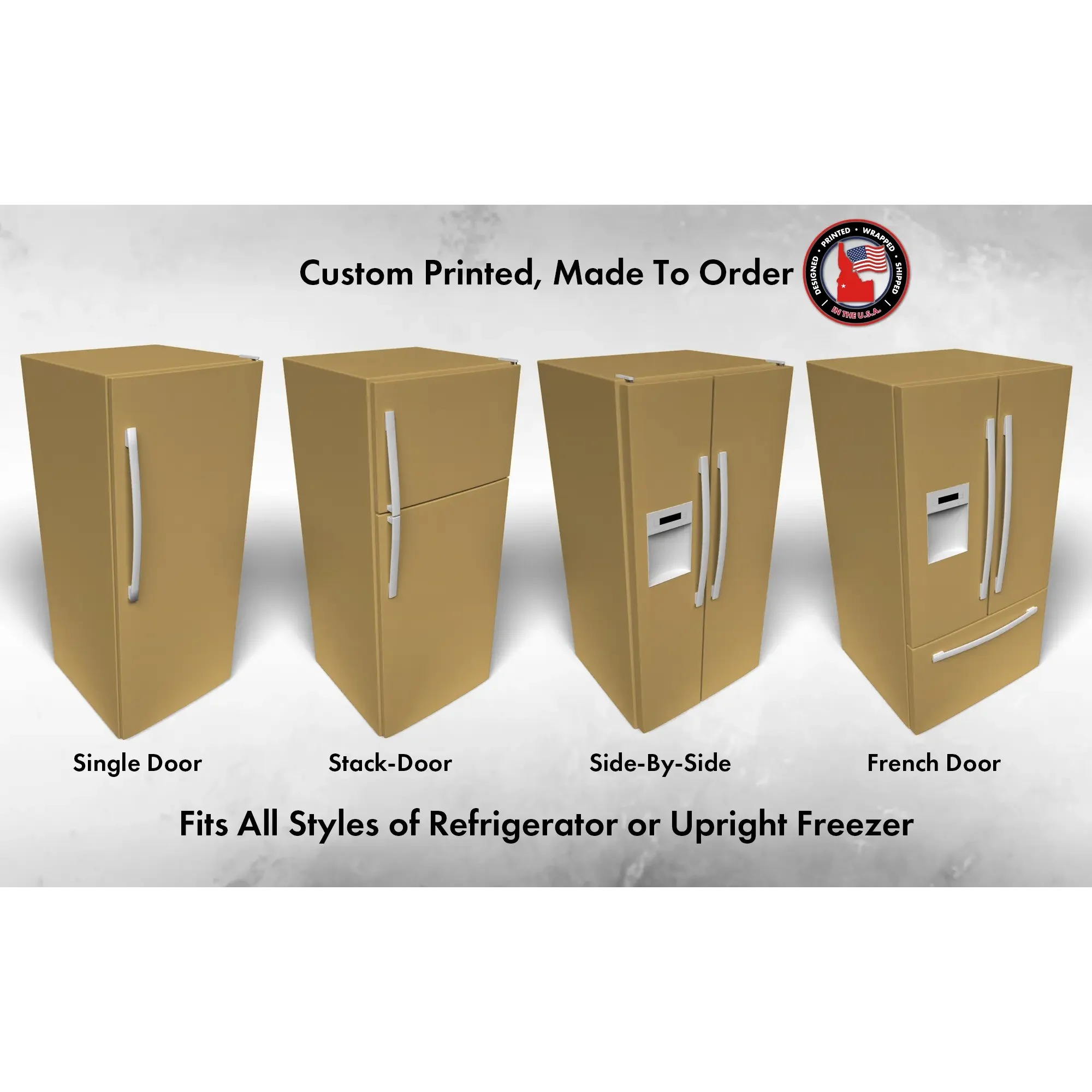 Several 3D models of different refrigerator styles shown in Antiquity SW 6402 custom vinyl wrap color.