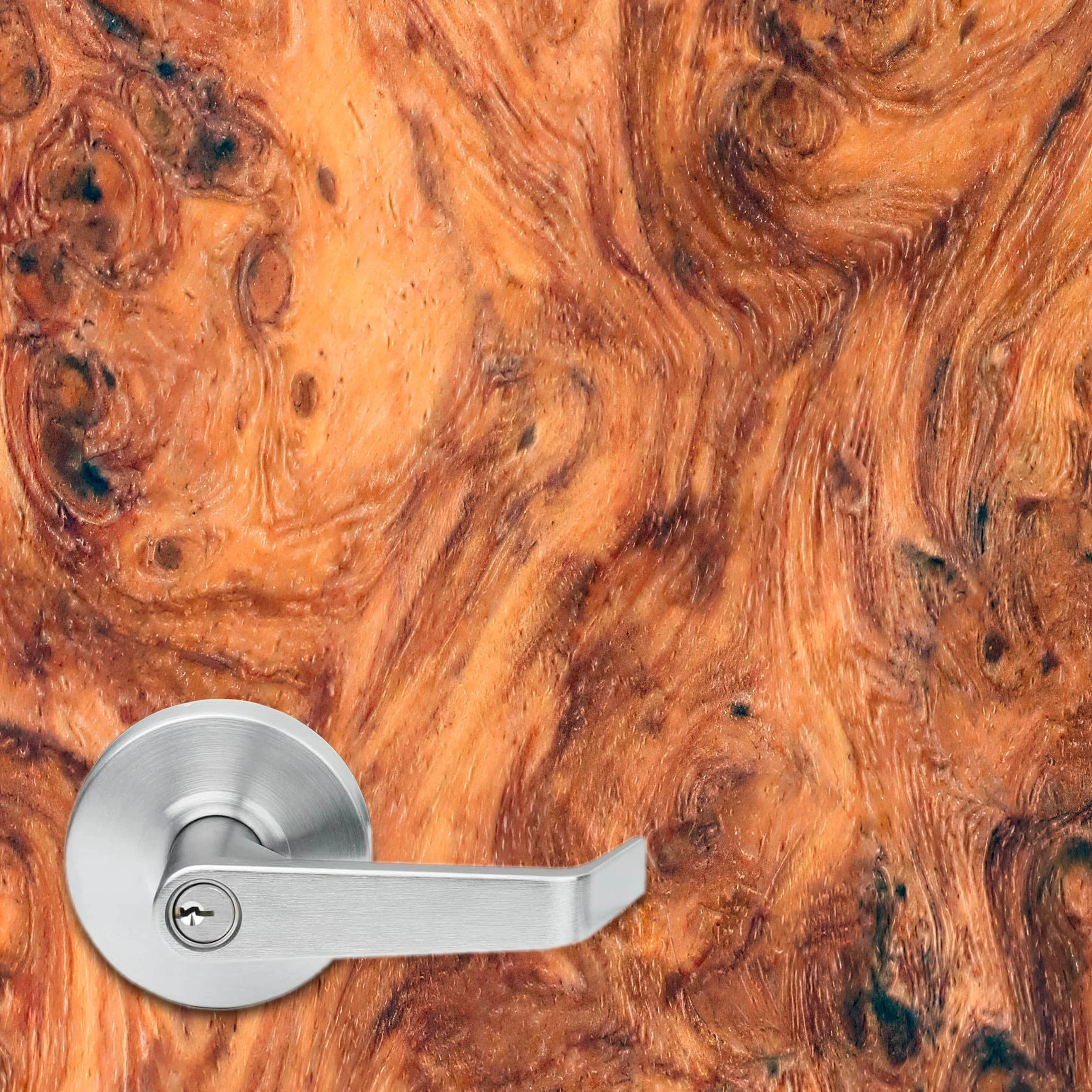Close up of a high resolution amboyna burl wood texture vinyl door wrap. A typical 5.375" office door handle is shown to give a sense of scale and to show the detailing in the wood texture.