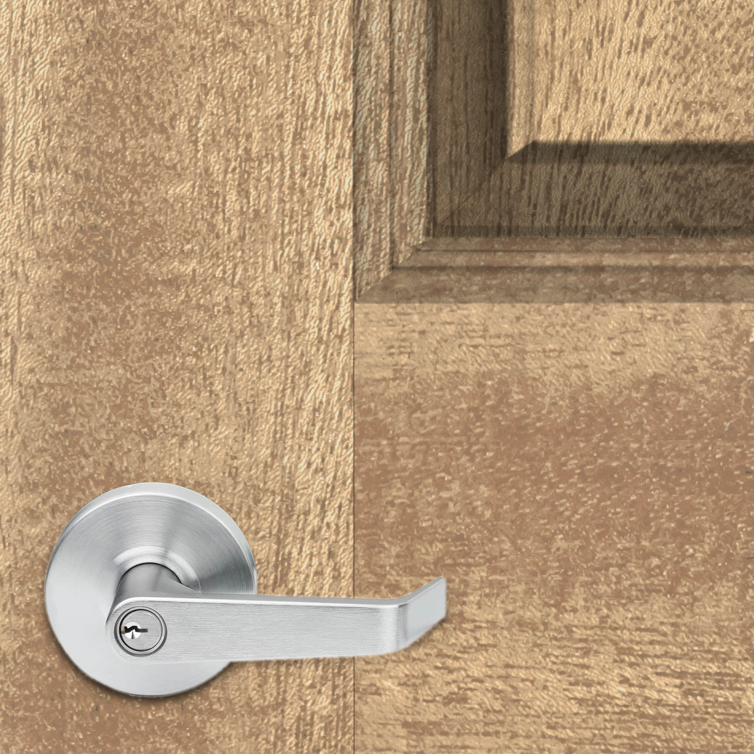 Close up of a high resolution elm wood texture vinyl door wrap. A typical 5.375" office door handle is shown to give a sense of scale and to show the detailing in the wood texture.