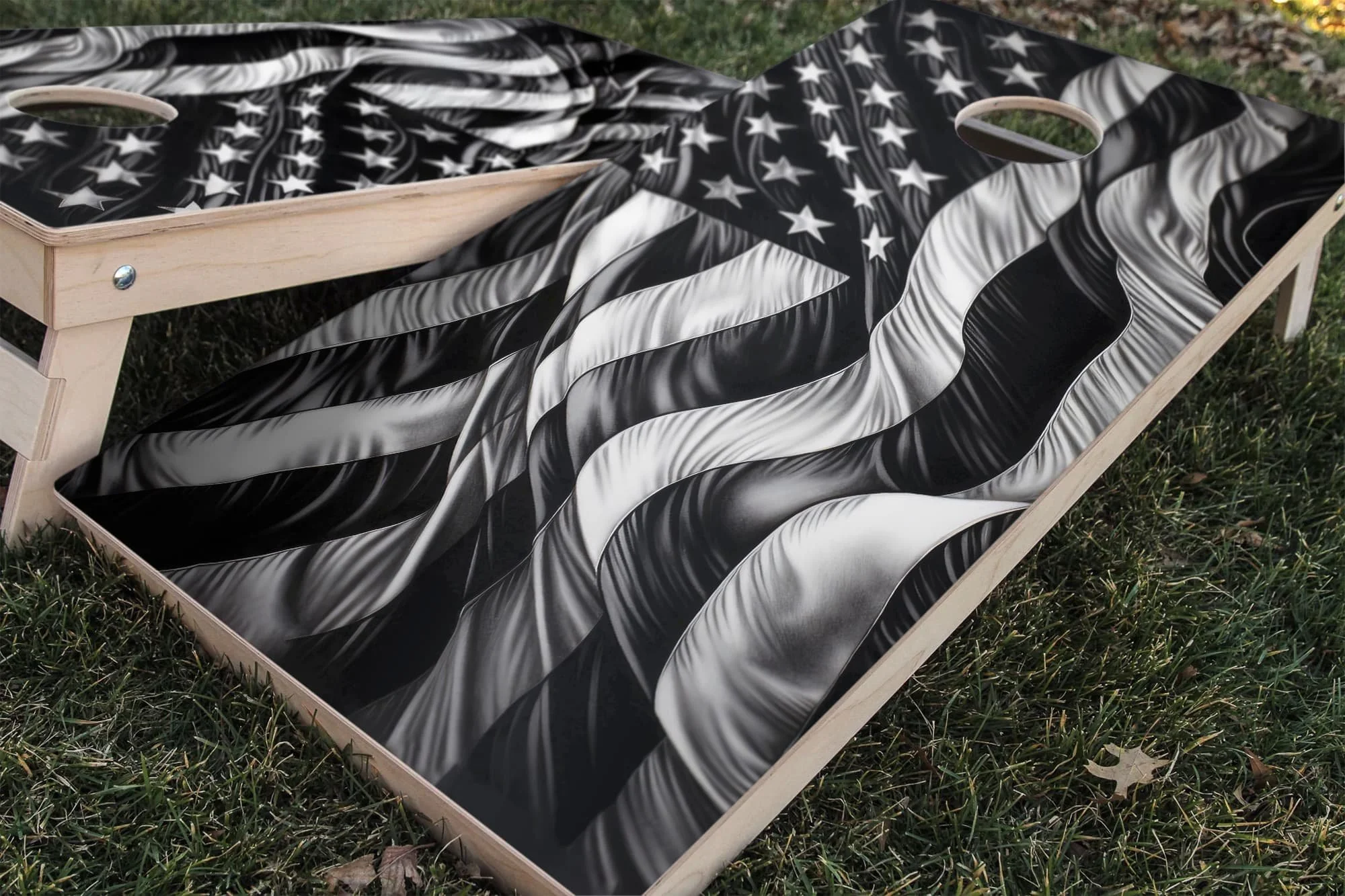 black and white USA flag cornhole board wrap sticker decal set