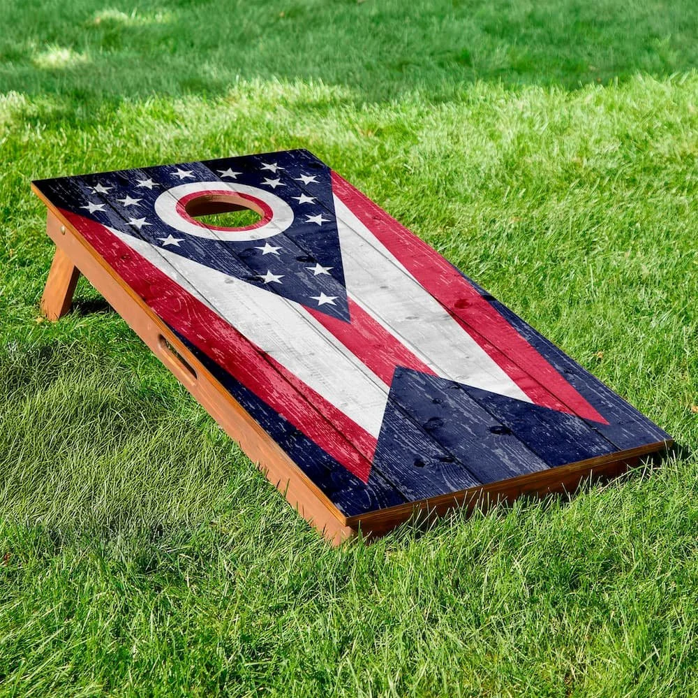 rustic wood Ohio state flag cornhole board