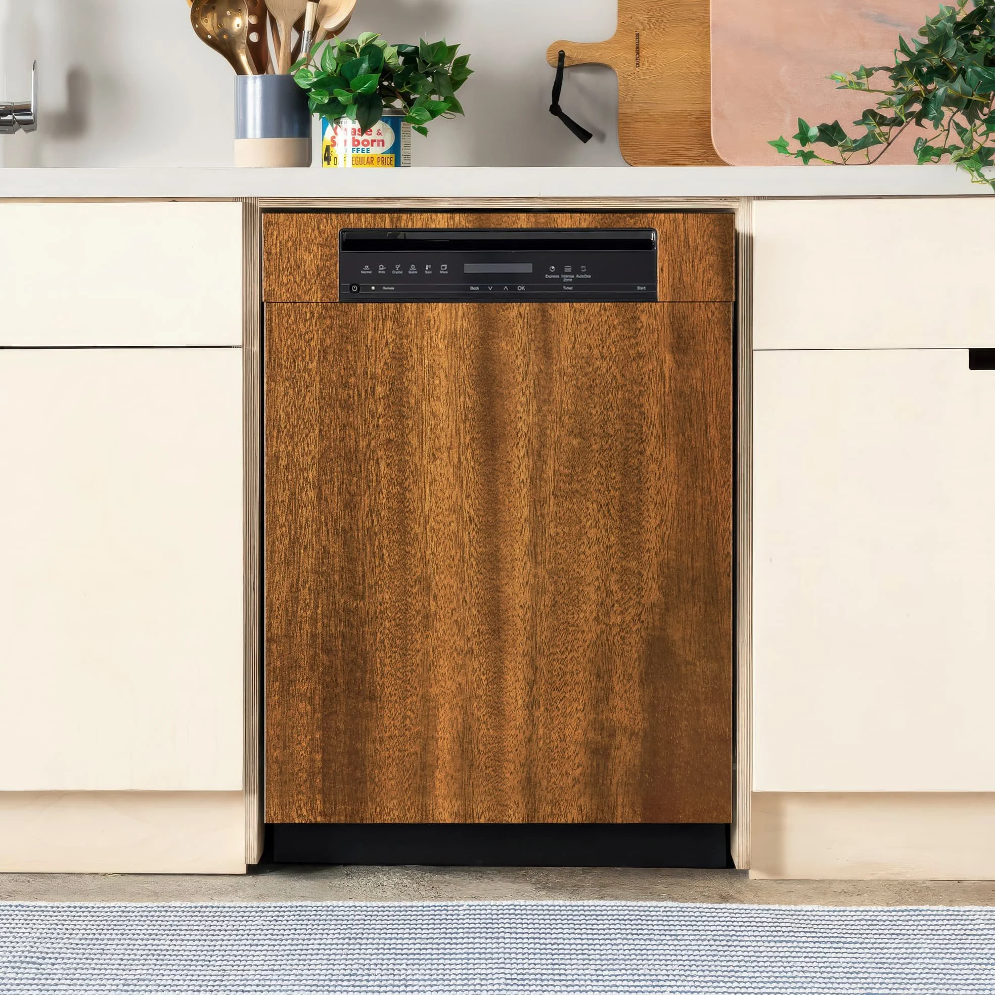 A dishwasher in a contemporary kitchen covered in a custom-printed elm wood grain dishwasher wrap.