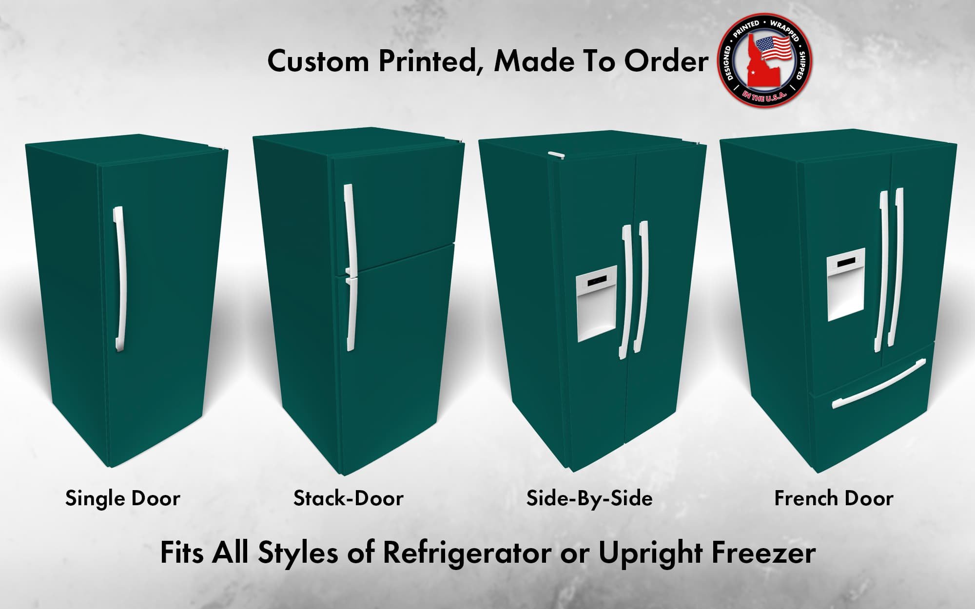Several 3D models of different refrigerator styles shown in Sherwin Williams Blue Peacock 0064 custom vinyl wrap color