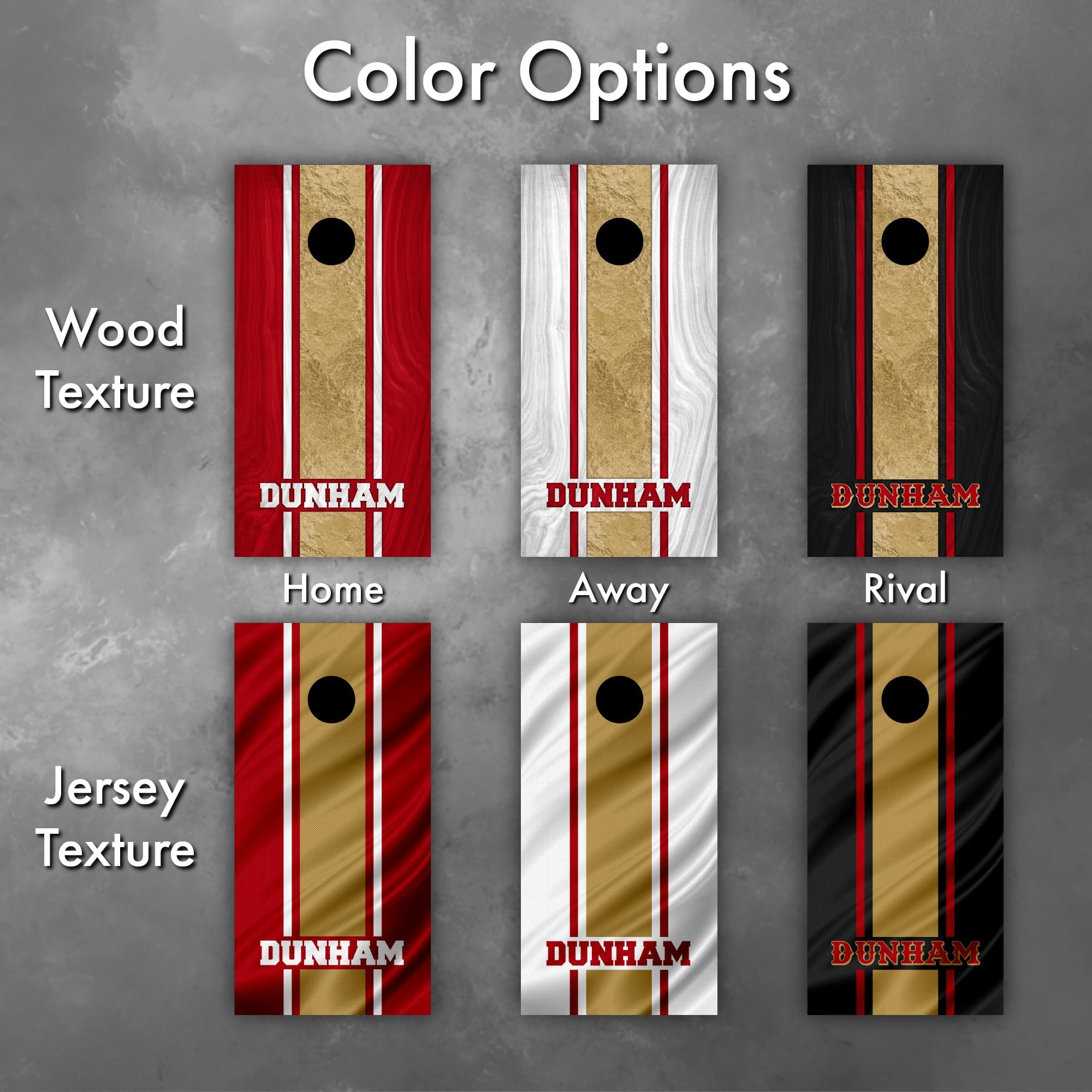 6 color and graphic texture options for our San Francisco 49ers-themed custom personalized cornhole board vinyl wrap decals (Copy)