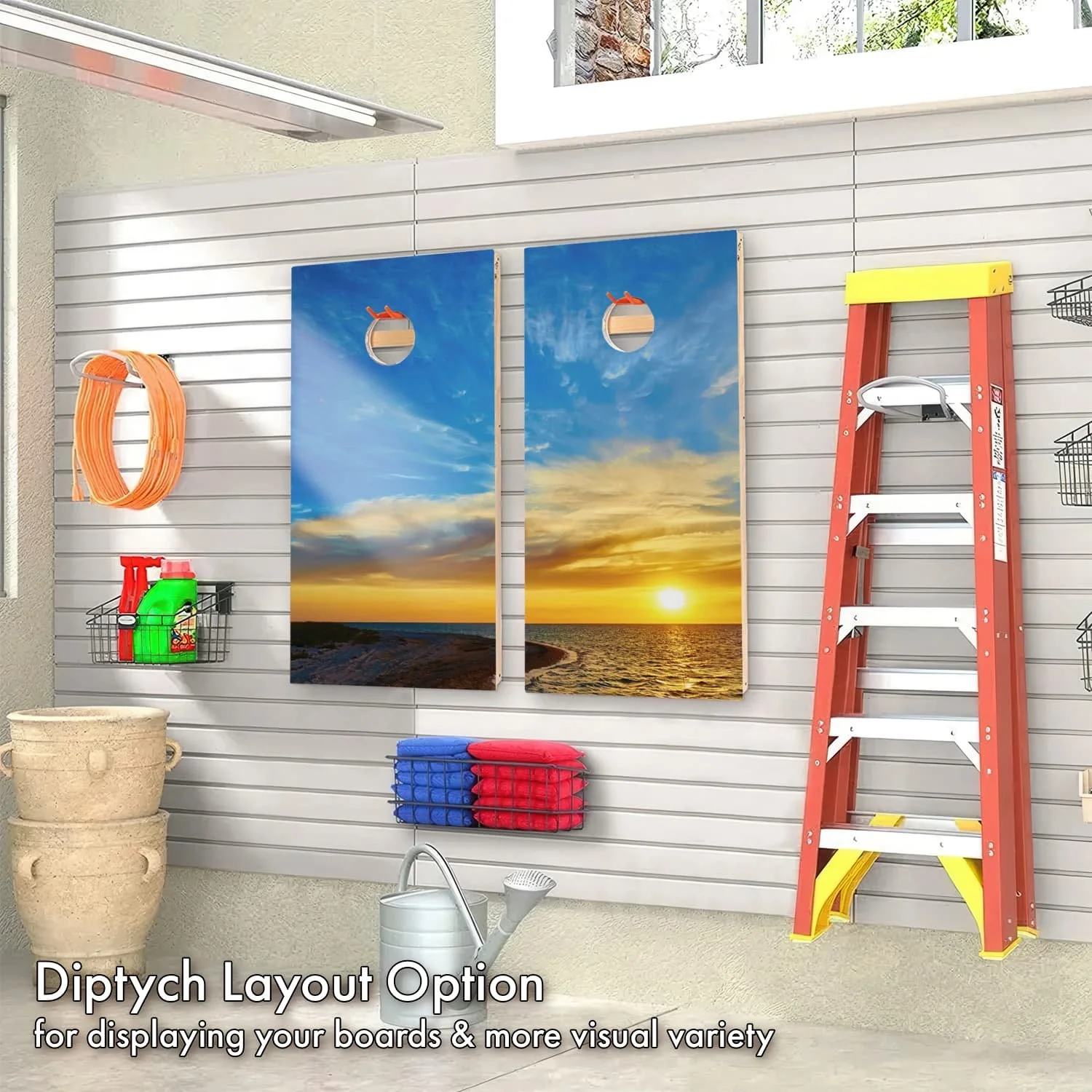 Ocean sunrise #1 Cornhole boards shown hanging on display in a garage