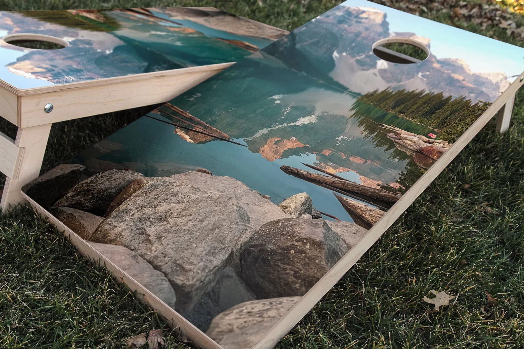 Lake Moraine Banff National Park rustic cornhole board wrap sticker decal set