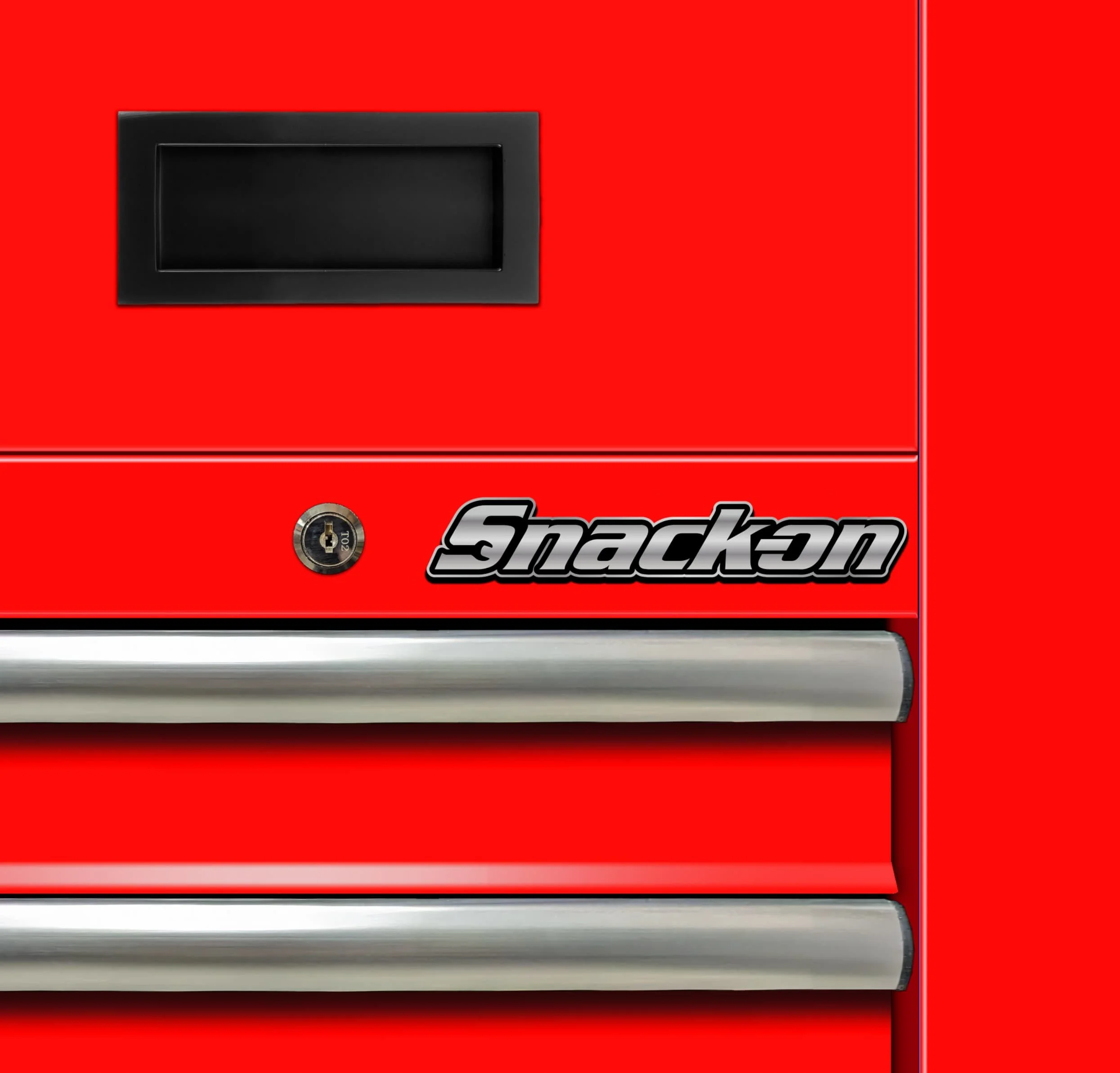 close up of our red tool chest graphic, showing the quality of the print and one of the "spoof" badge options