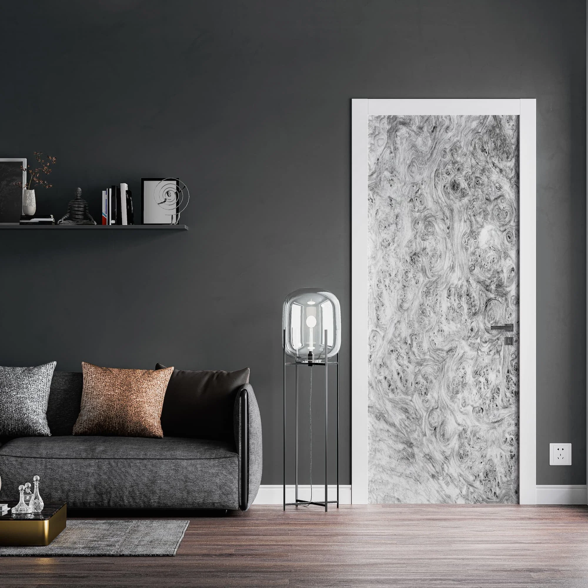Mockup of a custom printed vinyl door wrap on a door in a contemporary living room. The graphic is a high resolution amboyna burl wood texture in a single slab configuration.