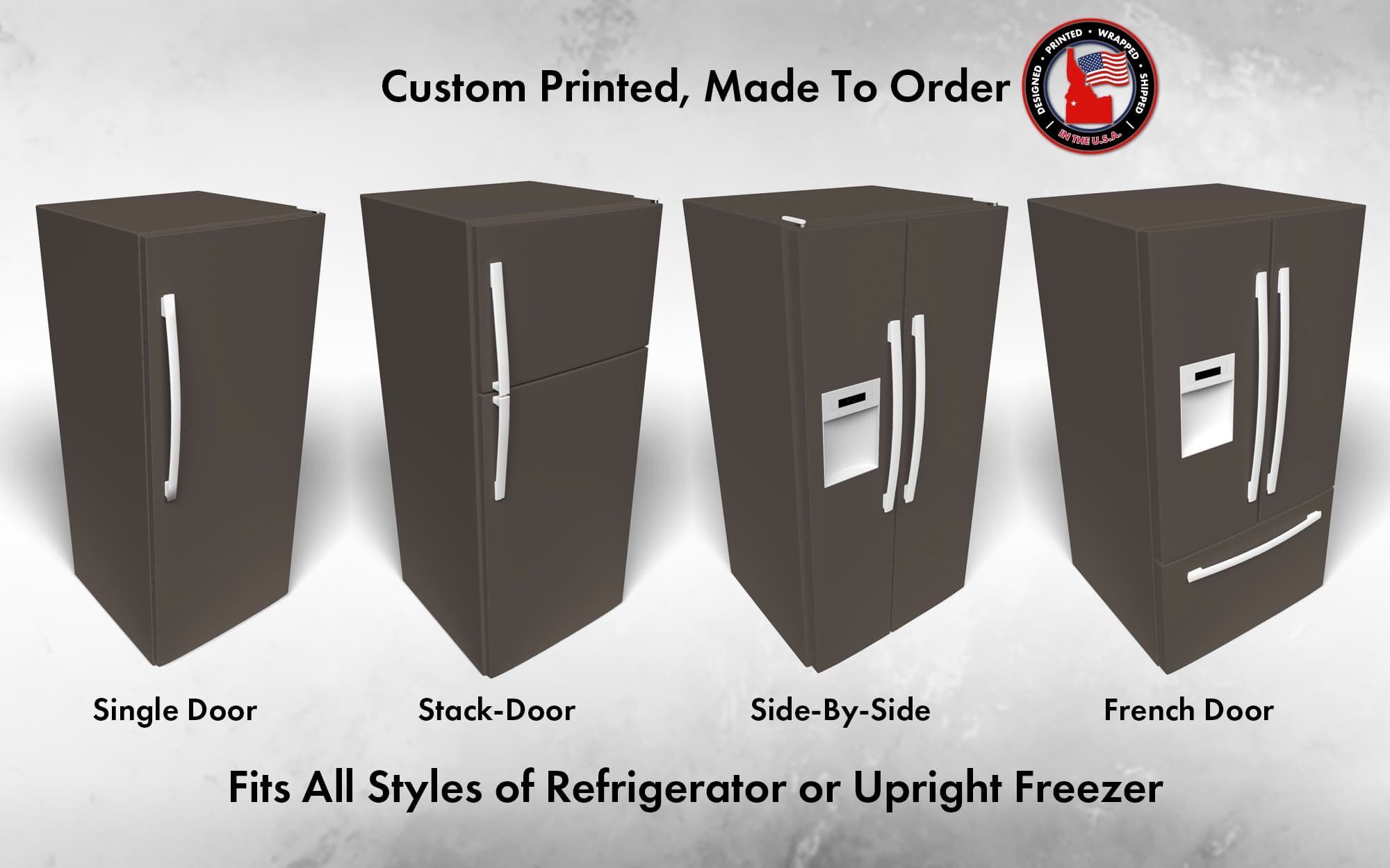 Several 3D models of different refrigerator styles shown in Sherwin Williams Black Fox SW 7020 custom vinyl wrap color.