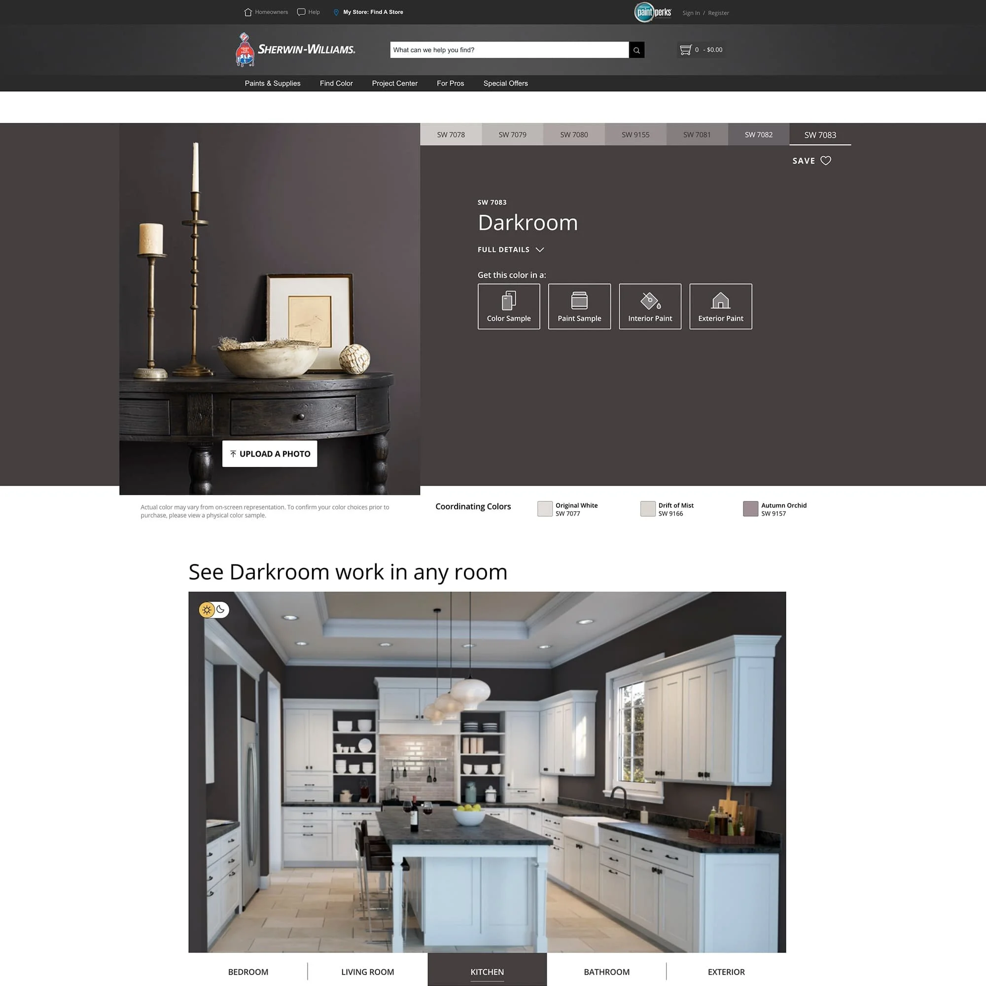 screenshot of this paint color on Sherwin Williams website. Color shown is Darkroom SW 7083
