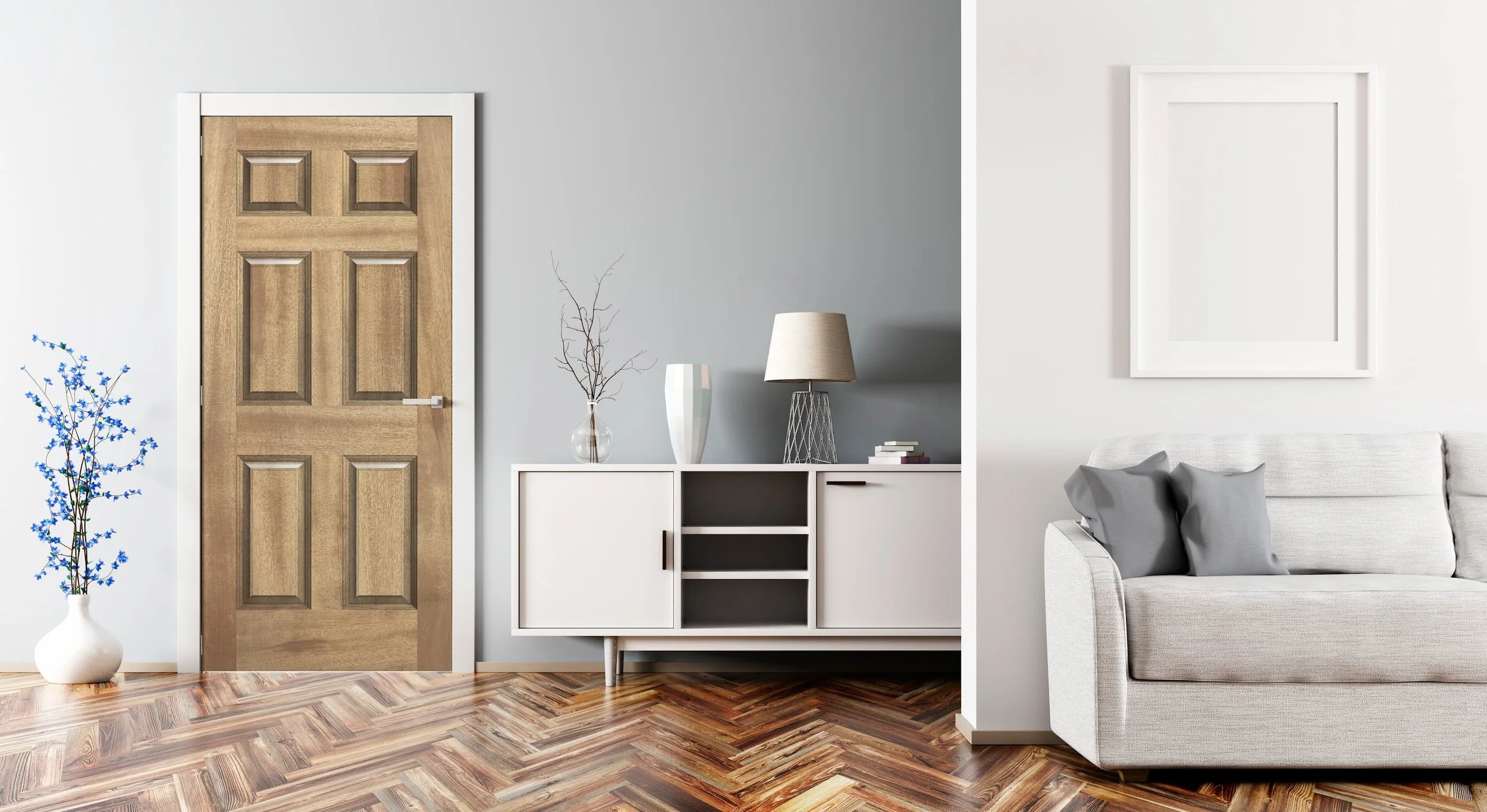 Mockup of a custom printed vinyl door wrap on a door in a contemporary living room. The graphic is a high resolution elm wood texture in a 6 panel door configuration.