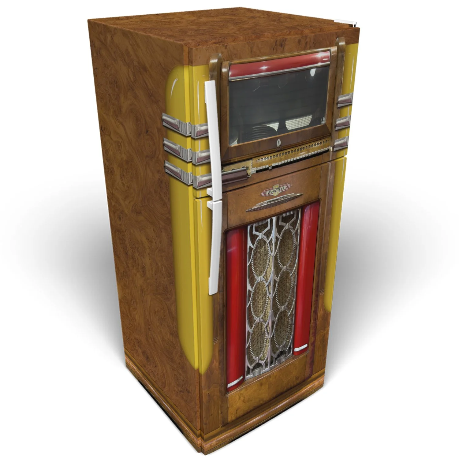 3d mockup of a stack door refrigerator, covered in our custom-printed wurlitzer jukebox vinyl wrap.