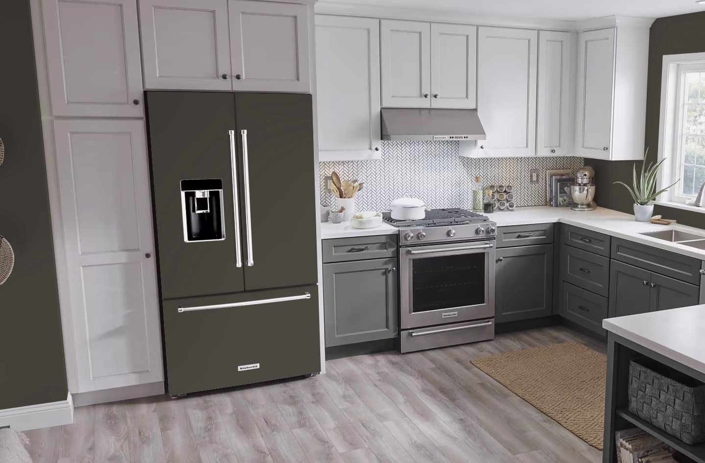 Mockup of our custom printed refrigerator vinyl wrap that matches Sherwin Williams Black Fox SW 7020 on a french door refrigerator in a modern neutral color kitchen