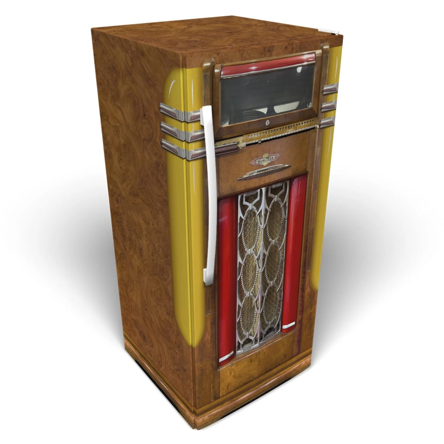 3d mockup of a standing freezer, covered in our custom-printed wurlitzer jukebox vinyl wrap.
