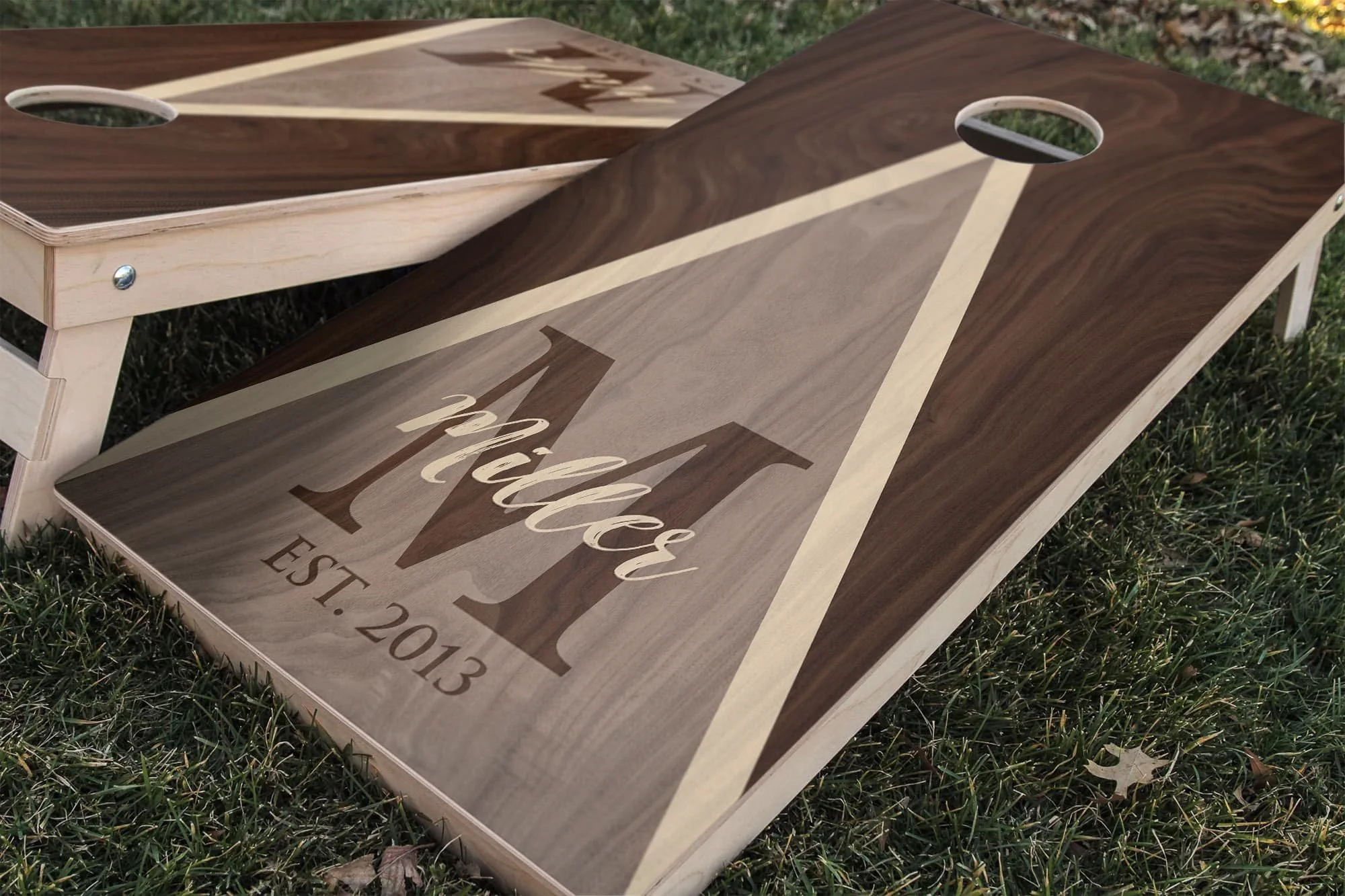 Walnut wood slab monogram personalized custom Cornhole board wrap sticker decal set