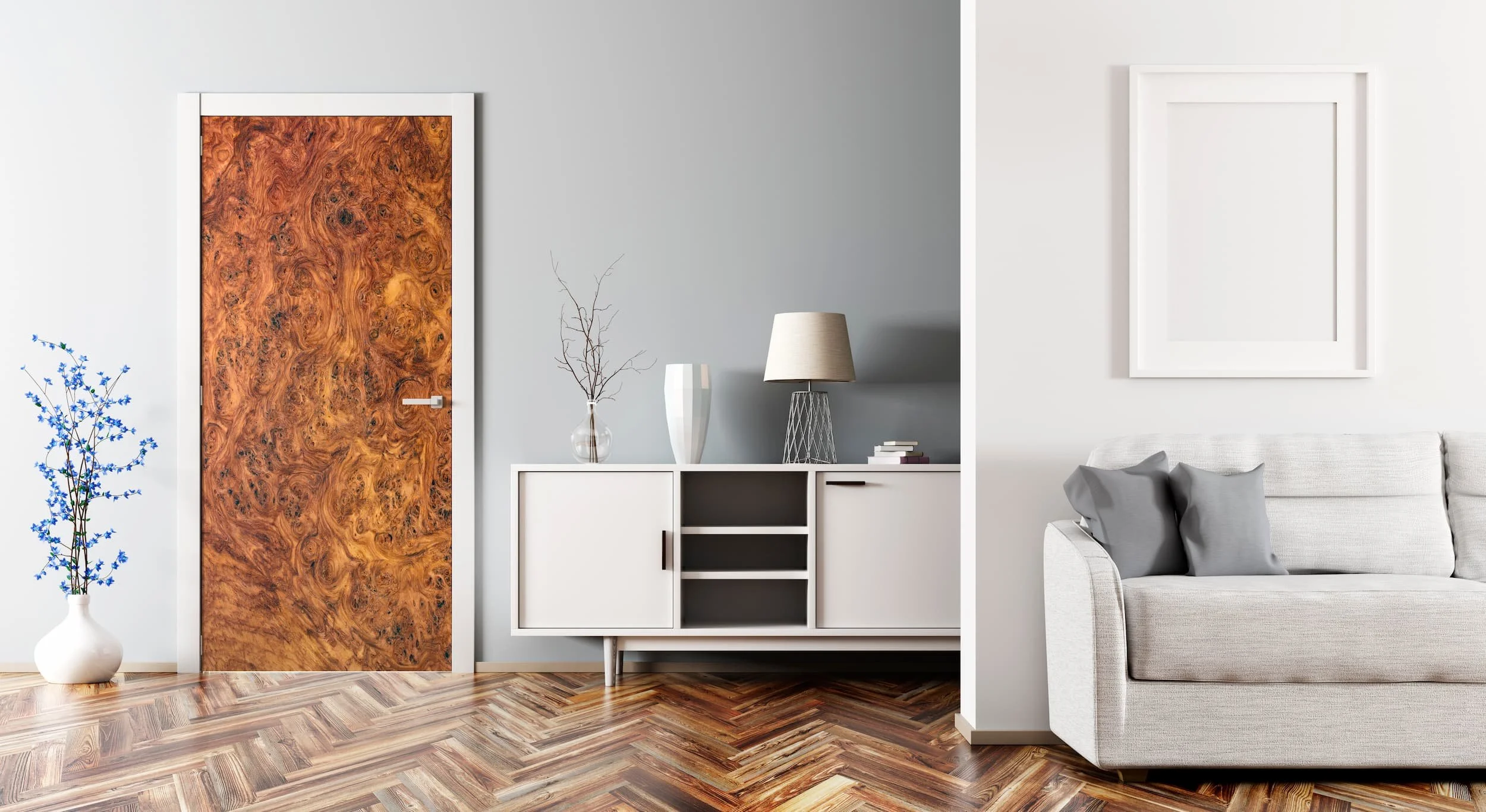 Mockup of a custom printed vinyl door wrap on a door in a contemporary living room. The graphic is a high resolution amboyna burl wood texture in a single slab configuration.