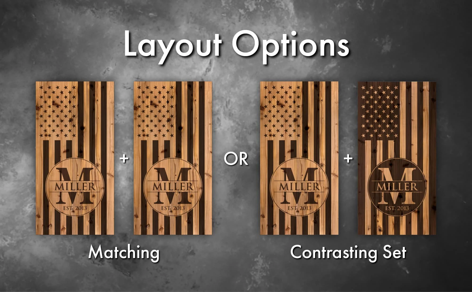 Monogram wood USA flag personalized custom Cornhole board wrap sticker decal set options