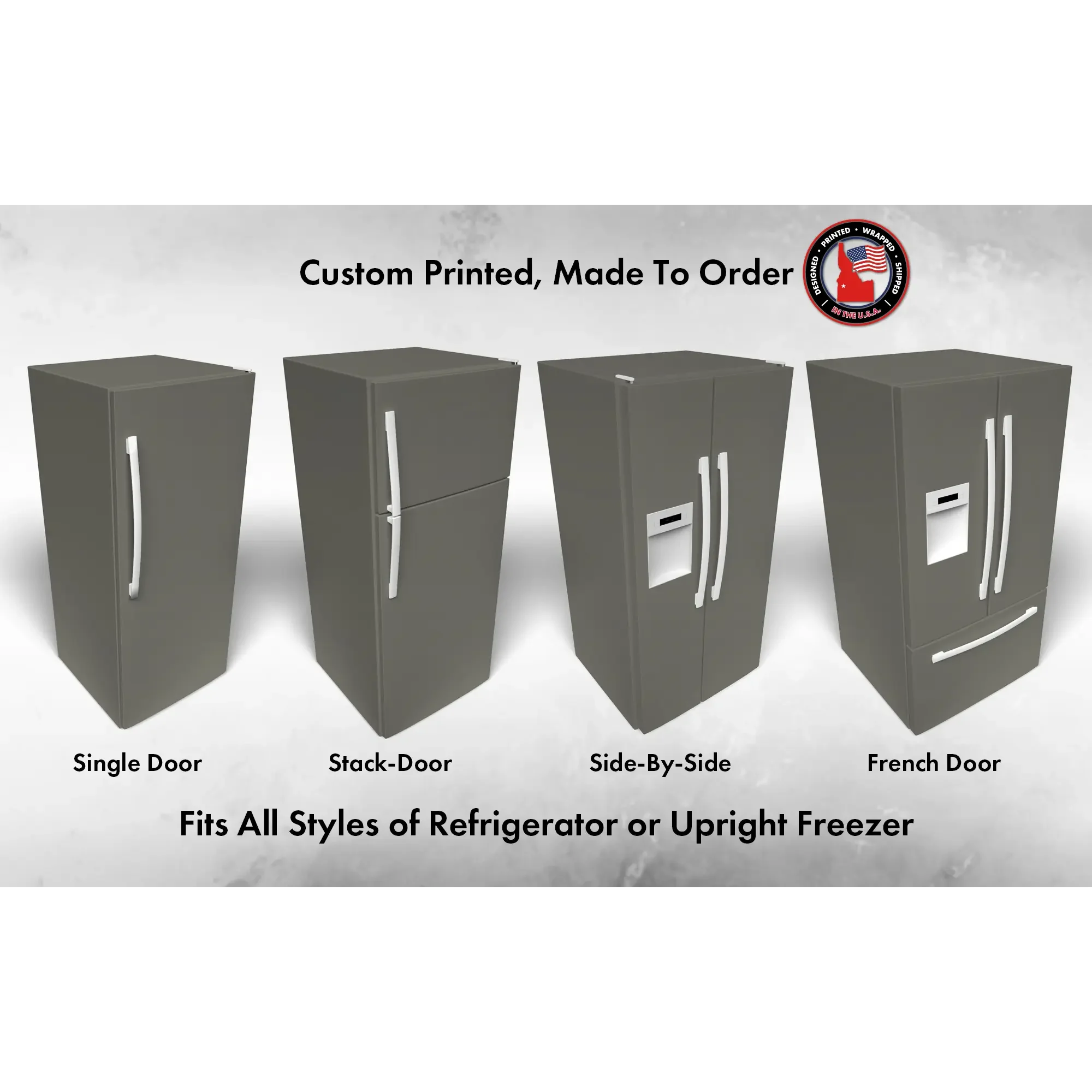 Several 3D models of different refrigerator styles shown in Thunderous SW 6201 custom vinyl wrap color.