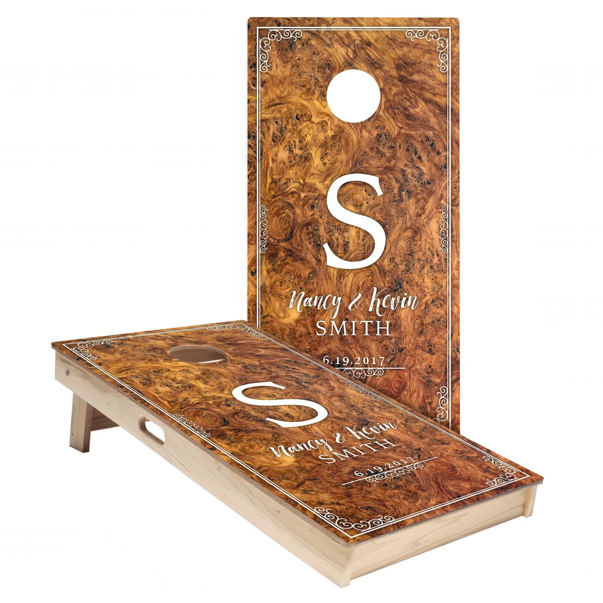 Burl Wood Wedding Anniversary Cornhole Board Wrap Set #2