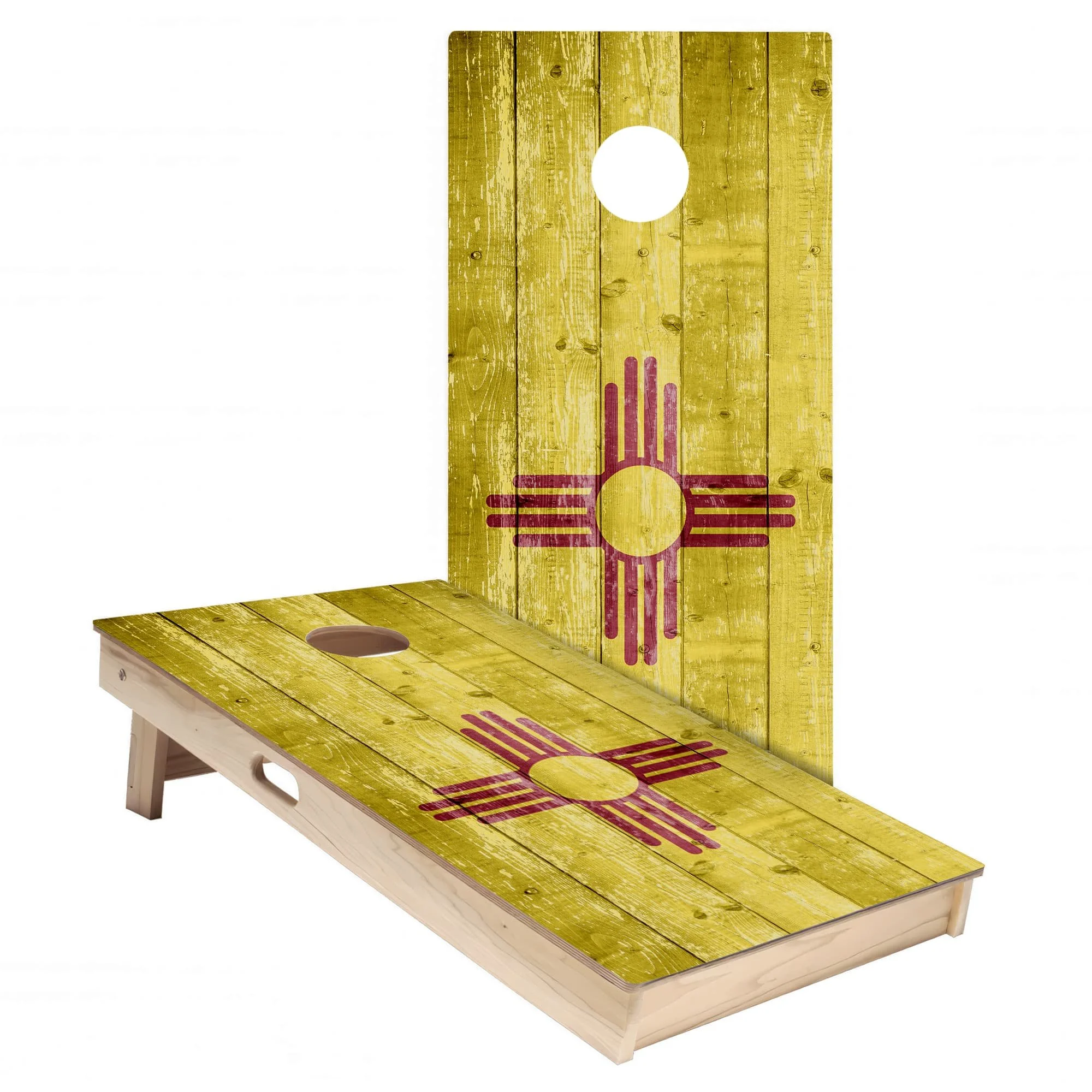 rustic wood New Mexico state flag cornhole board vinyl wrap decal skin set
