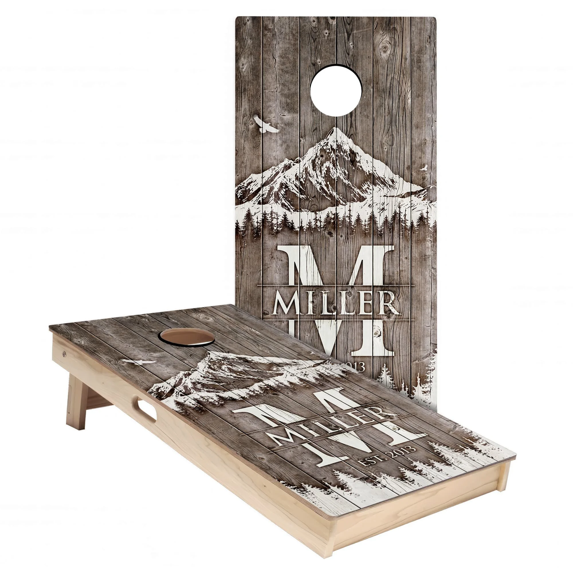 Rustic Mountain Monogram #1 Cornhole Board Wrap Set