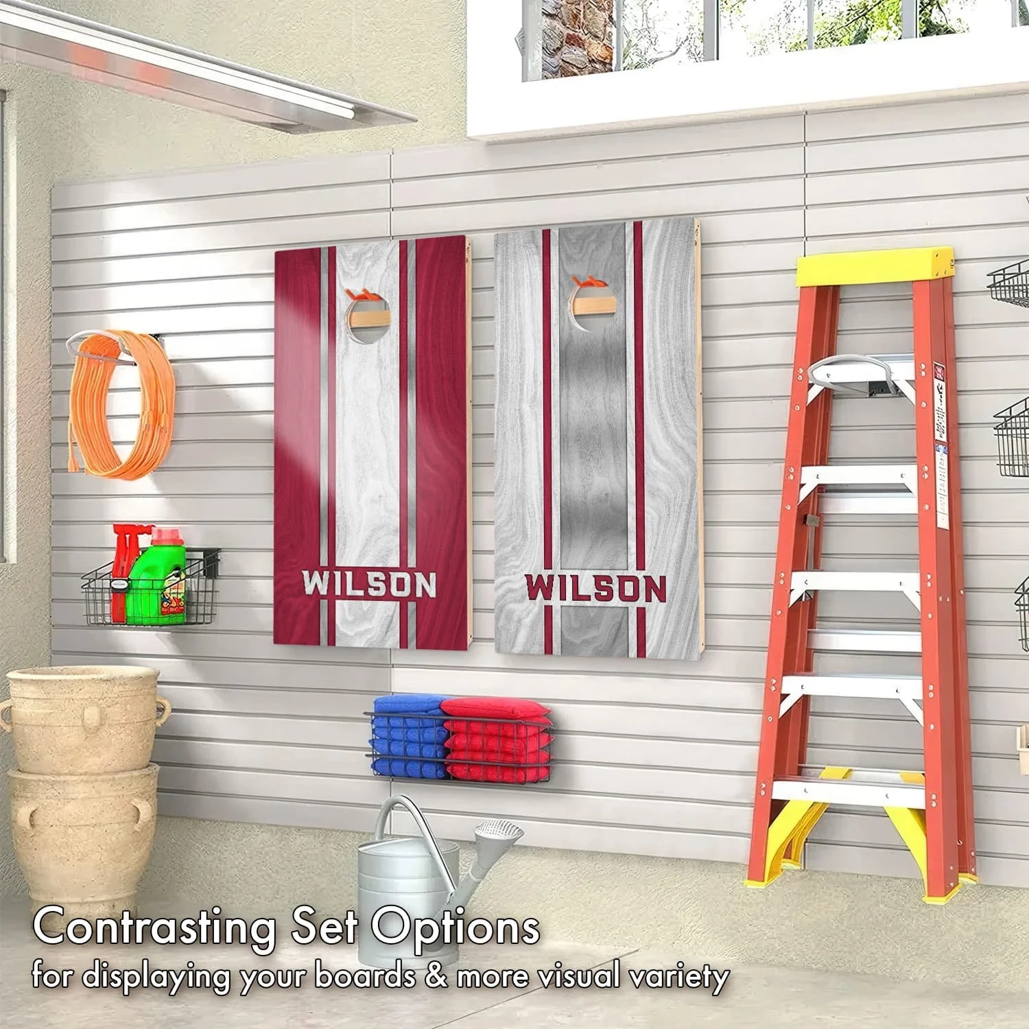 Personalized Arizona Cardinals Colors custom wood texture Cornhole boards hanging on display in a garage (Copy)