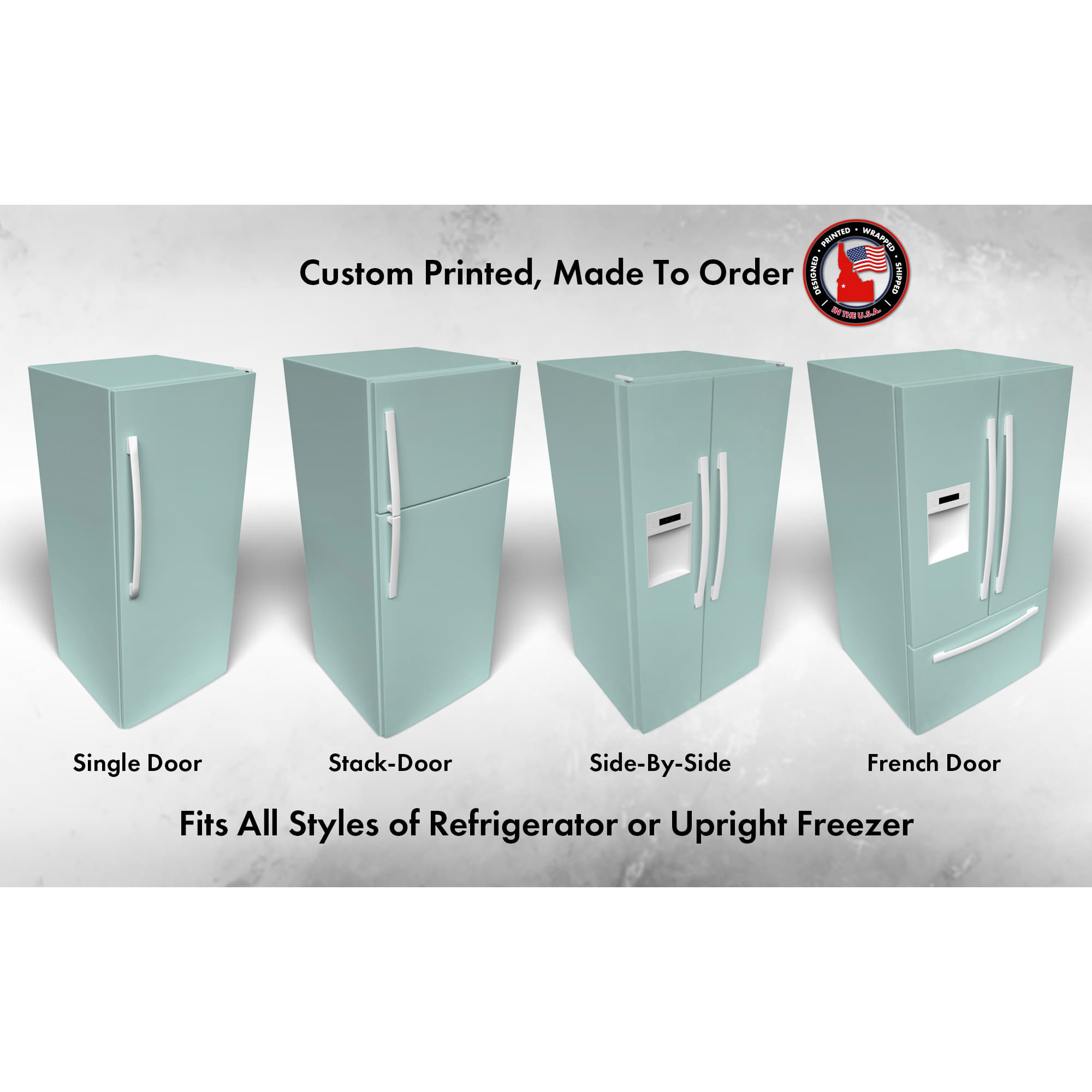 Several 3D models of different refrigerator styles shown in Aquaverde SW 9051 custom vinyl wrap color