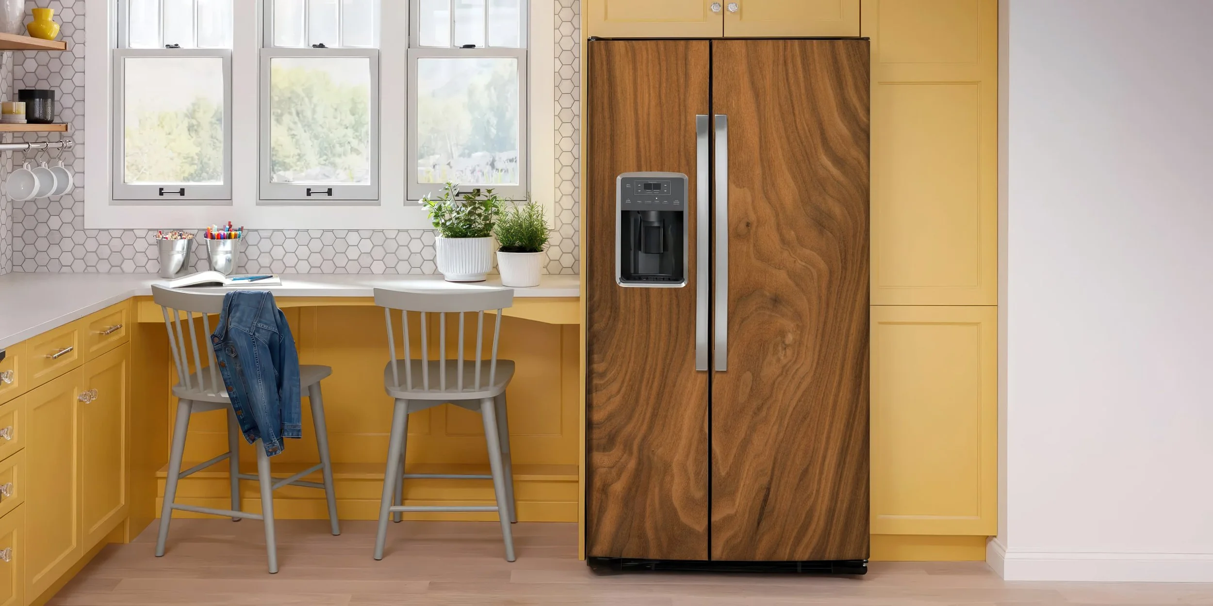 A side-by-side style refrigerator in a modern kitchen shown wrapped with an Early American colored wood slab custom-printed vinyl skin.
