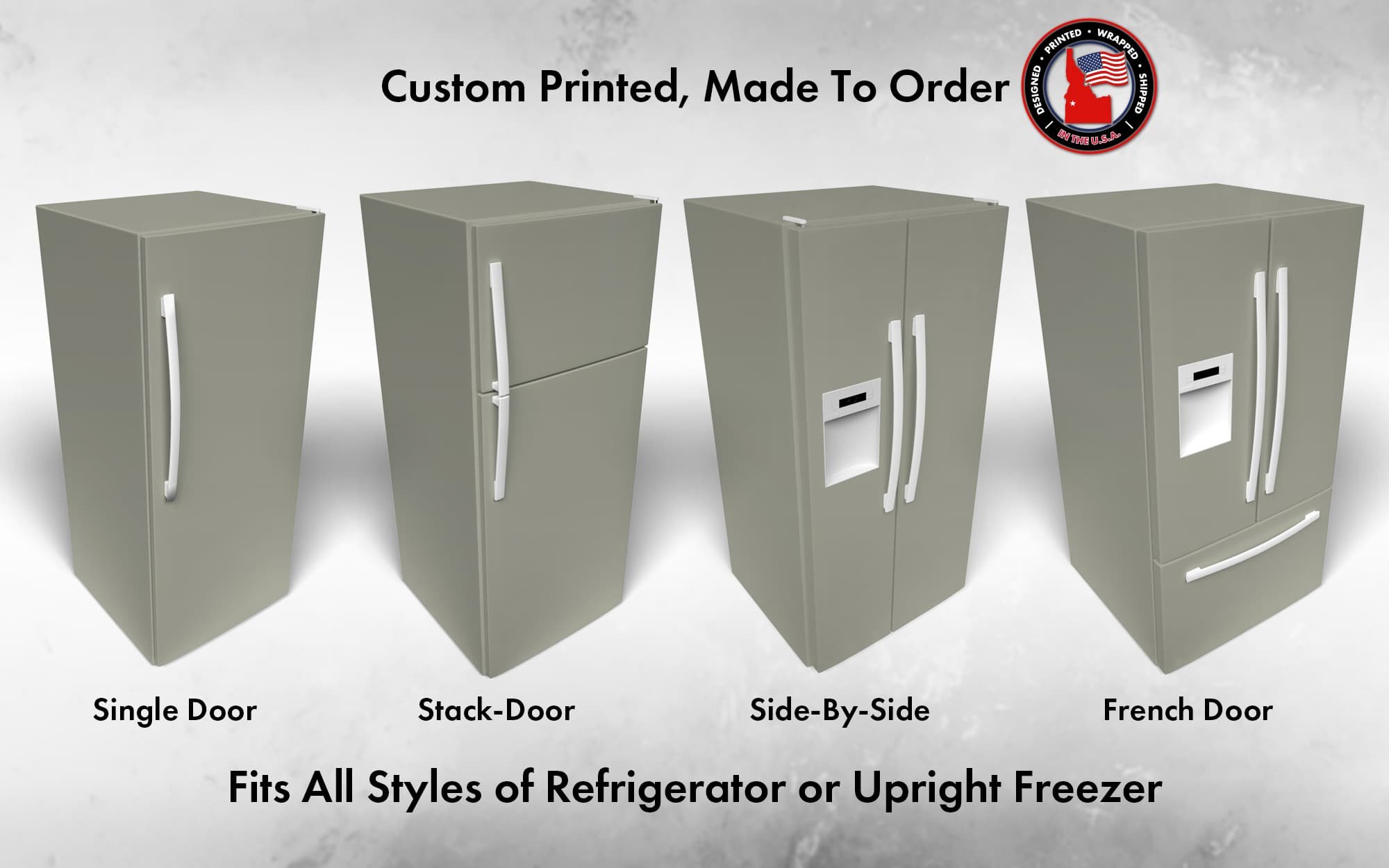 Several 3D models of different refrigerator styles shown in Evergreen Fog SW 9130 custom vinyl wrap color