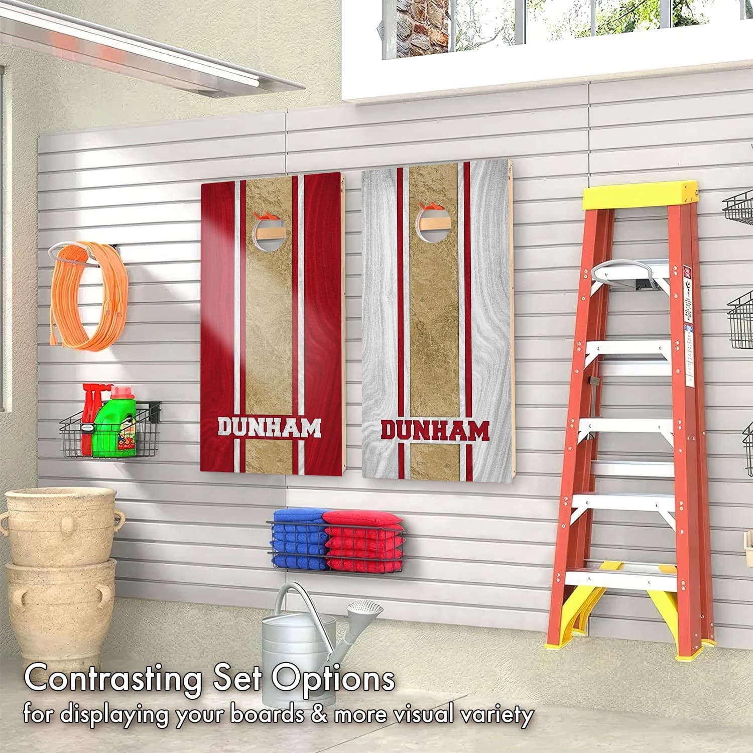 Contrasting set of Personalized San Francisco 49ers Colors custom wood Cornhole boards hanging on display in a garage (Copy)