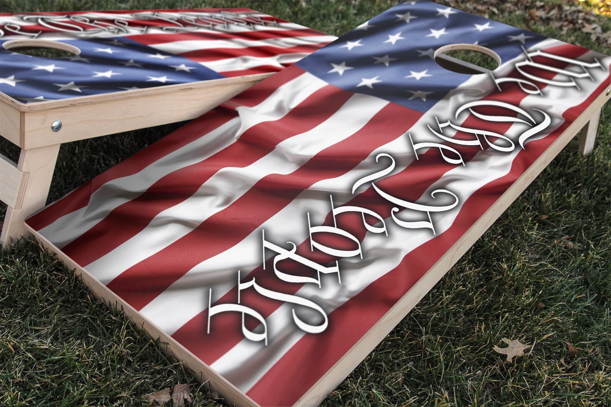 wavy WE THE PEOPLE United States flag cornhole board vinyl wrap decal skin set